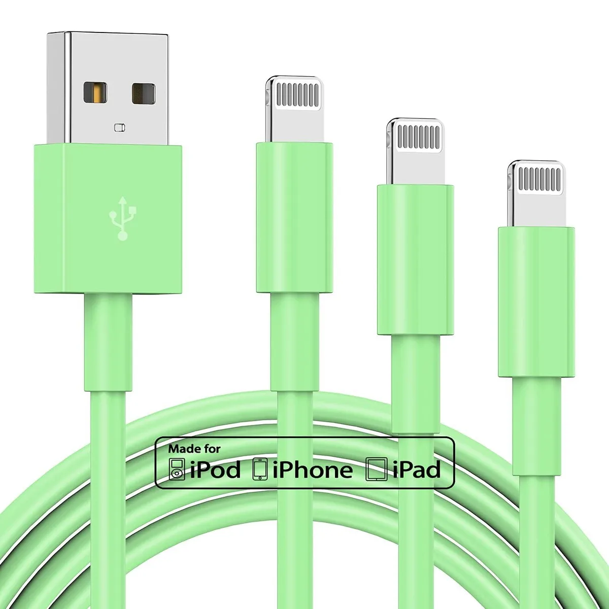  Uber TUMABER Lightning to USB Cable 10 ft 2.4A Green 3 Pack — product photo