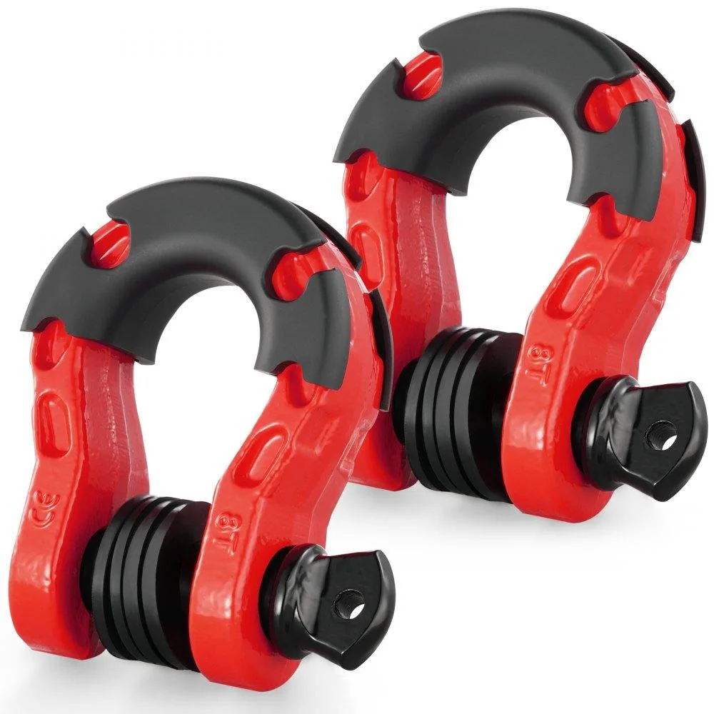 Two red D-ring shackles with black screw pins and washers, alloy steel construction