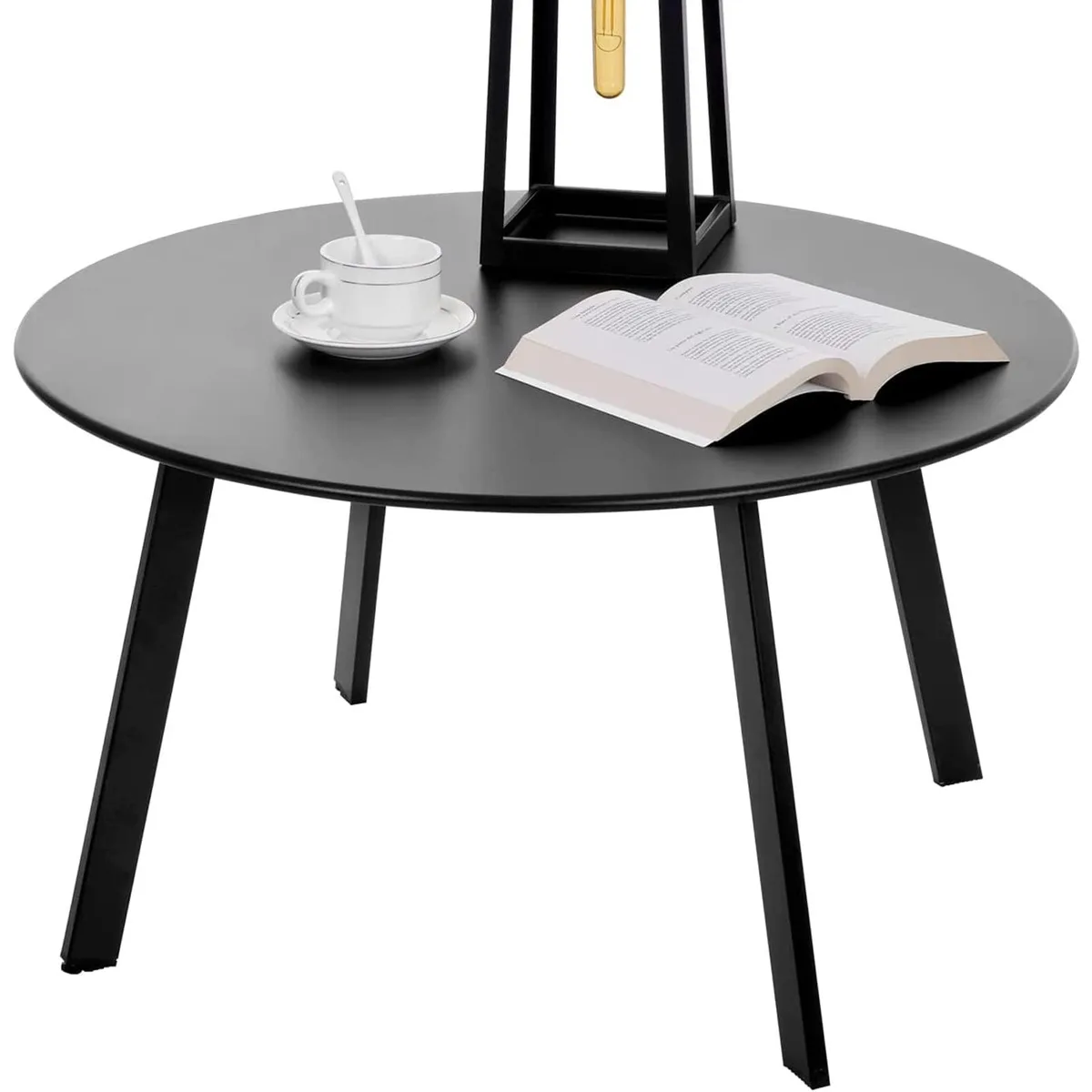 Round black metal side table with U-shaped legs and powder-coated finish