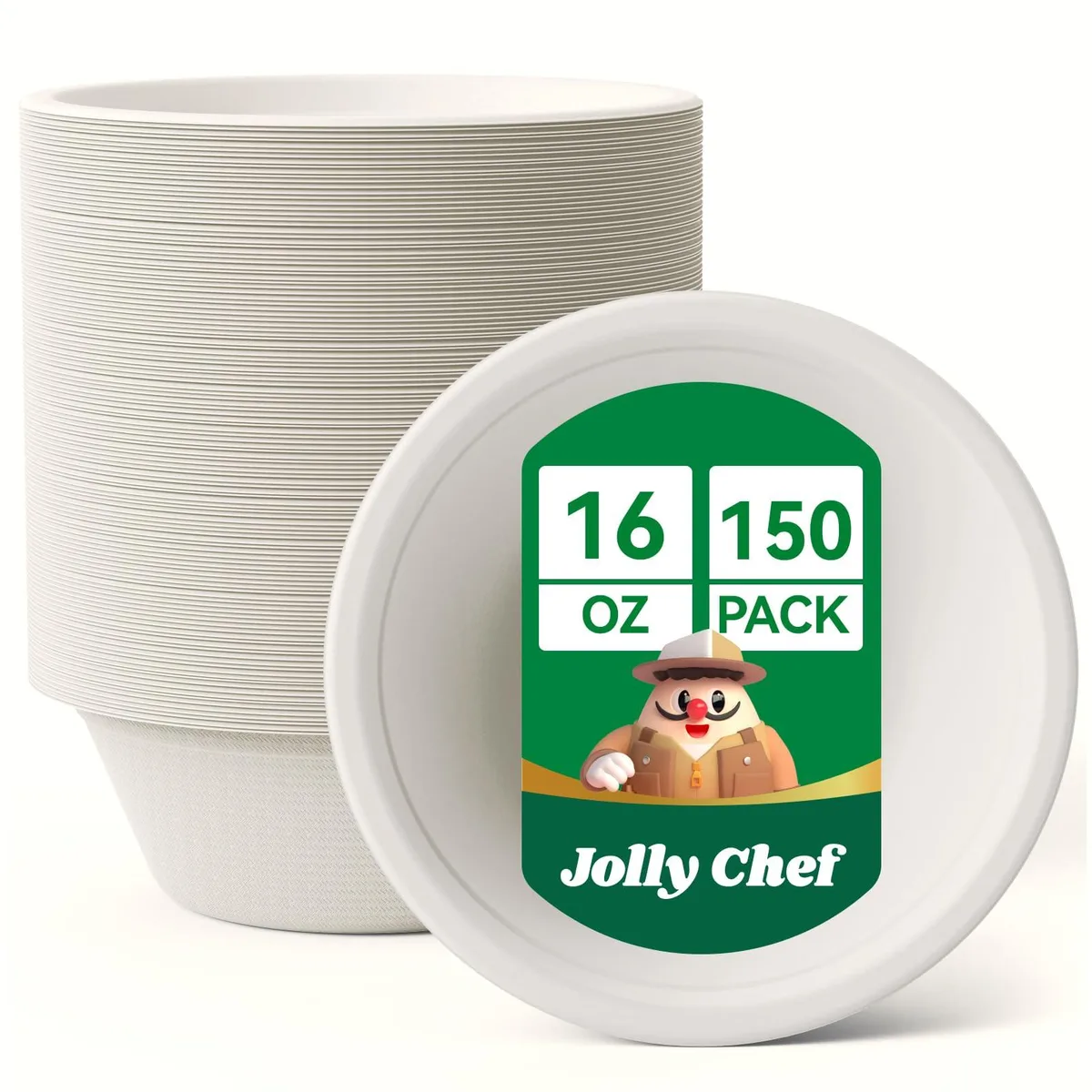 A stack of round brown bagasse bowls in a cardboard box