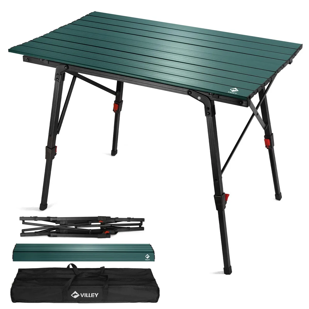 Green aluminum folding table with adjustable legs and carry bag, compact rectangular shape