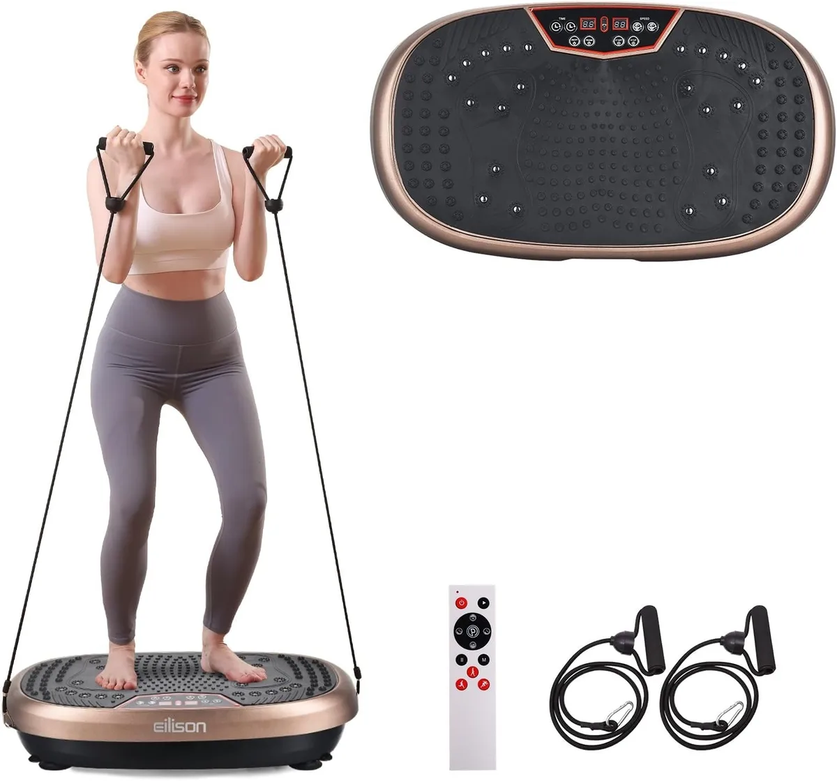 Rectangular black vibration platform with textured acupressure surface and attached loop resistance bands