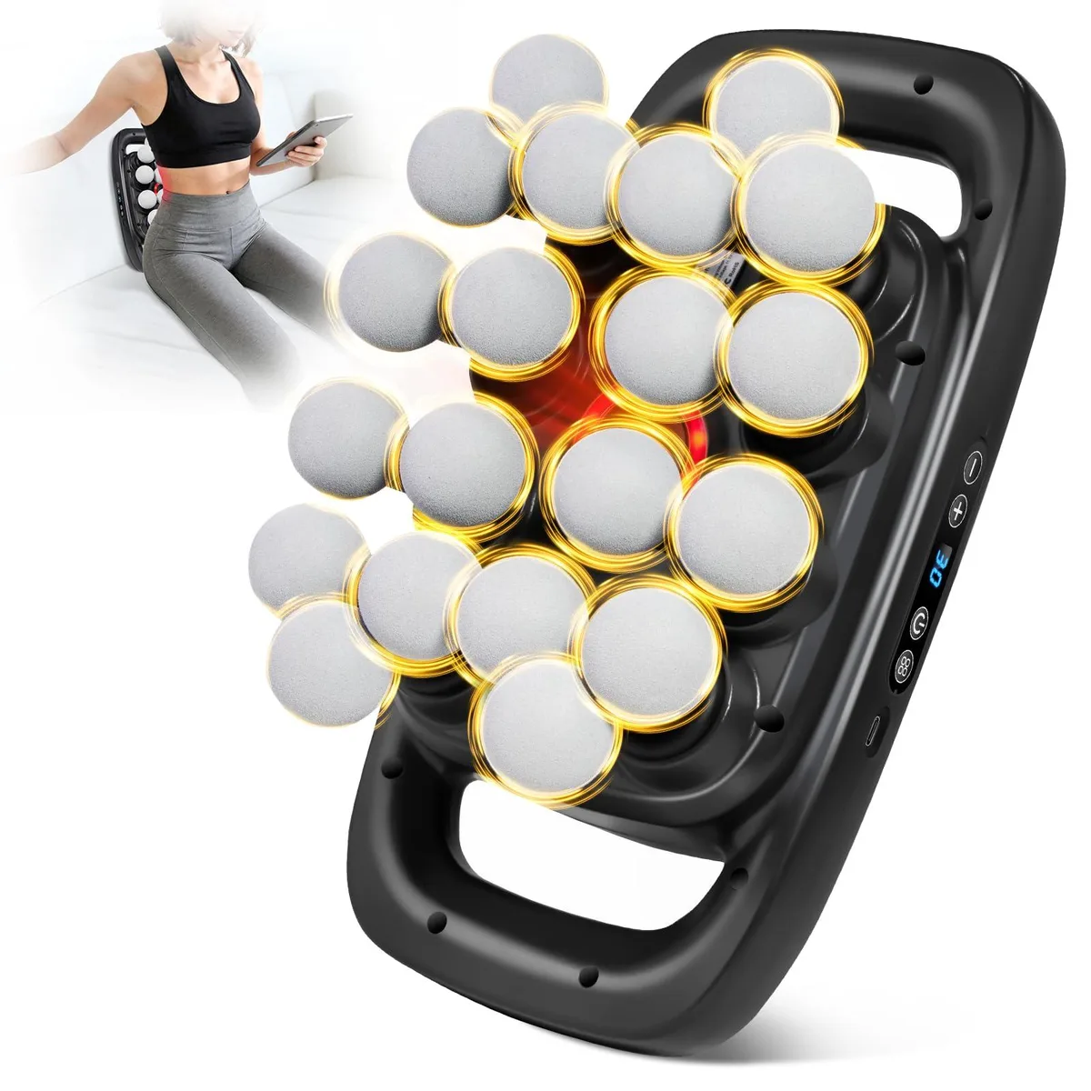 Black handheld massage gun with 20 rounded nodes, ergonomic grip, 12.6 inches long