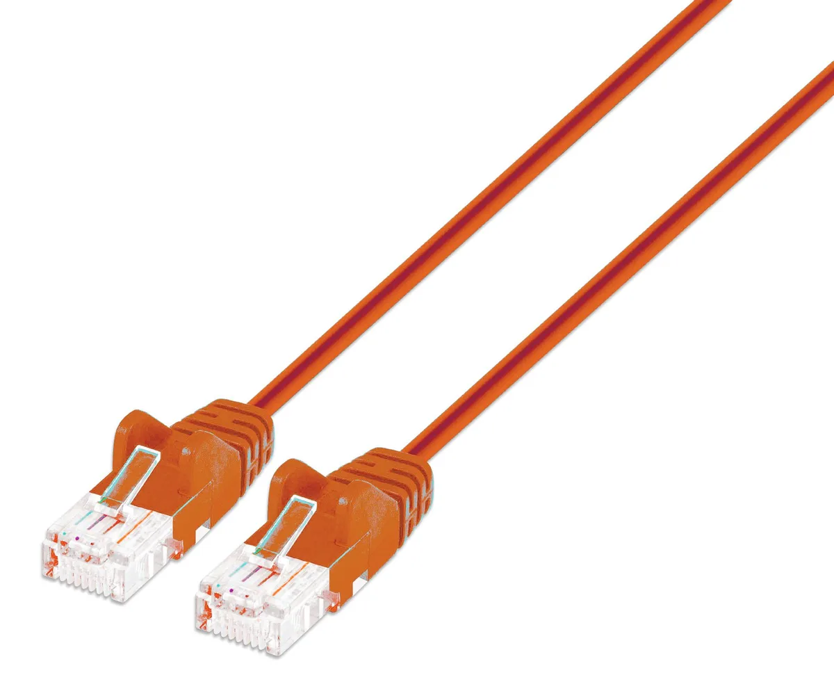 Orange Cat6 slim patch cable, 7 ft, RJ45 connectors, stranded copper, gold contacts, snag-free boots