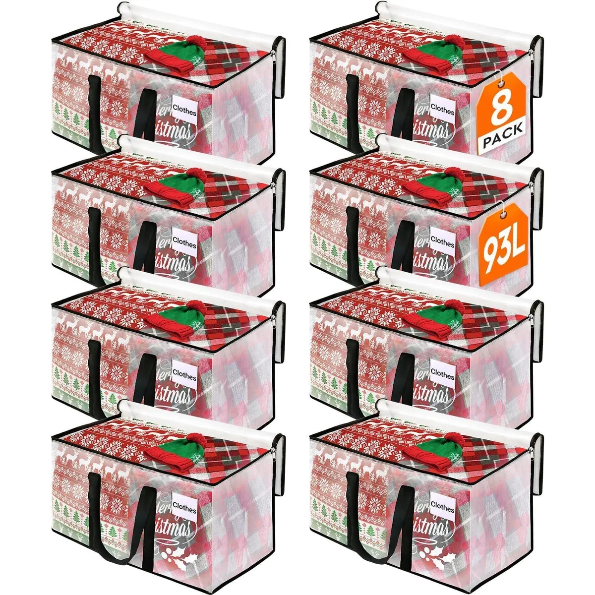 Eight black polypropylene storage bags, 93L each, rectangular with reinforced handles and front tag pockets