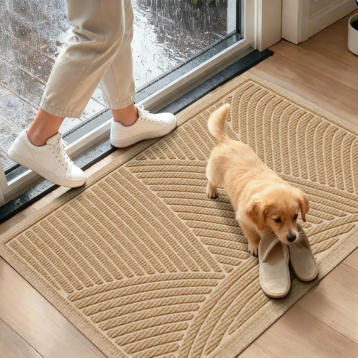 Beige rectangular door mat with striped pattern and low-profile design
