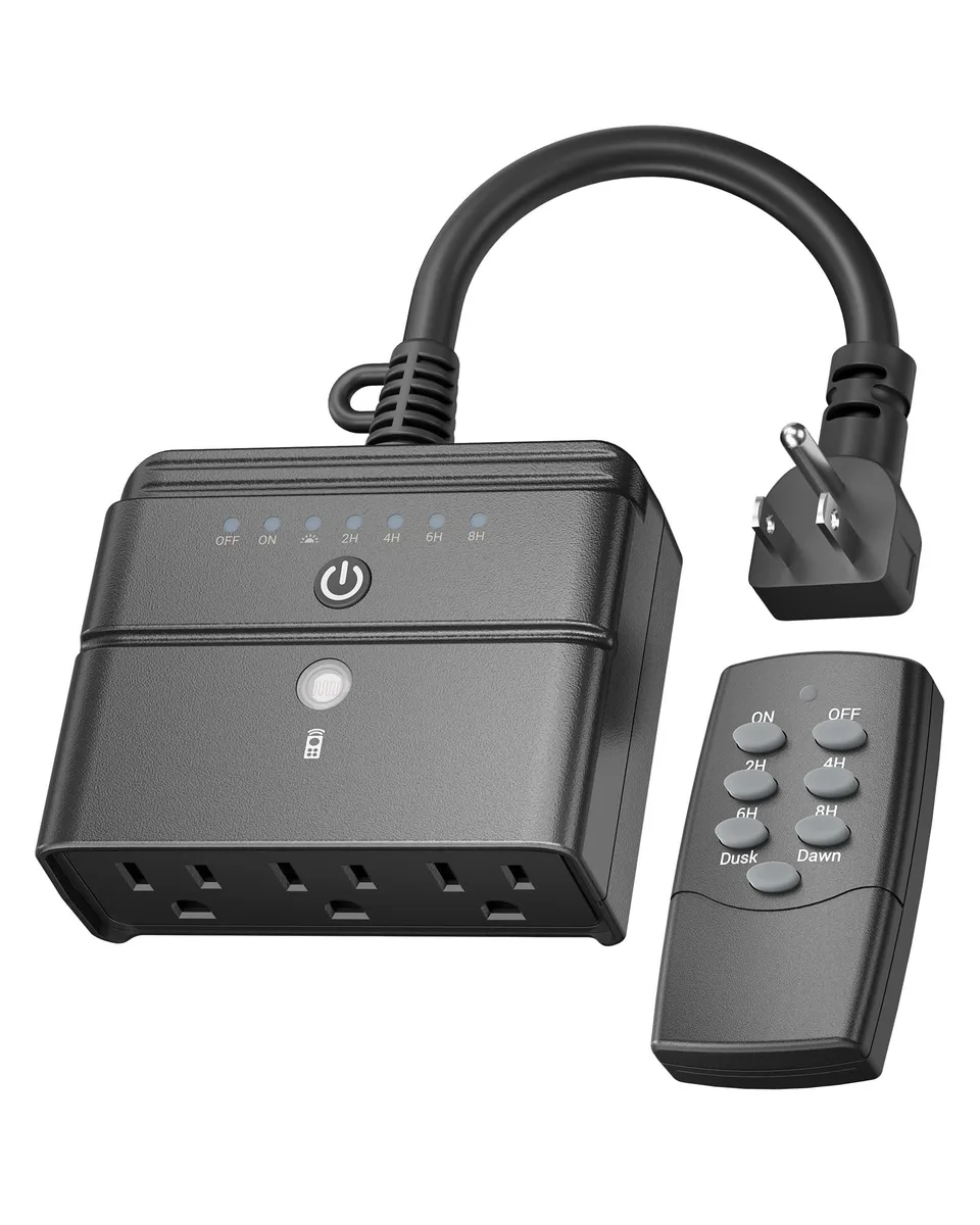 White weatherproof timer housing with three grounded outlets, short cord and small remote control