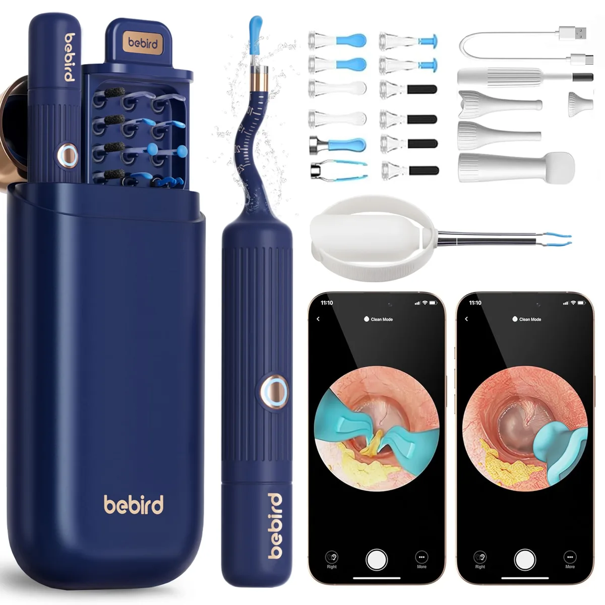 Blue ear-care device with 3.2mm lens, 3MP camera, vertical-stripe grip and 12 tips