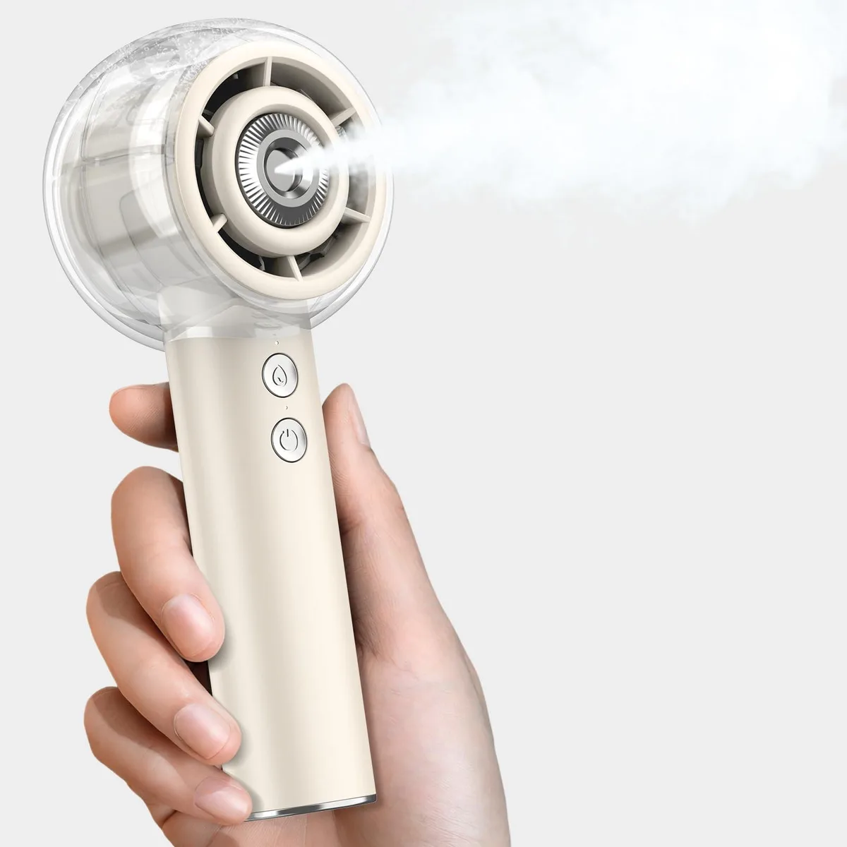 Ivory handheld misting fan with clear water window and button controls