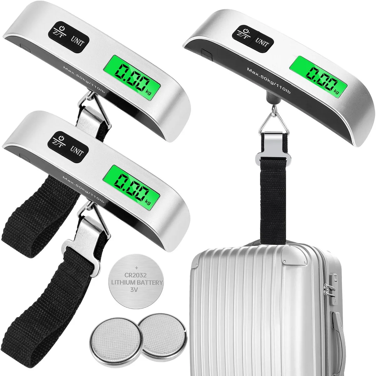 Three yellow handheld digital luggage scales with hooks and straps