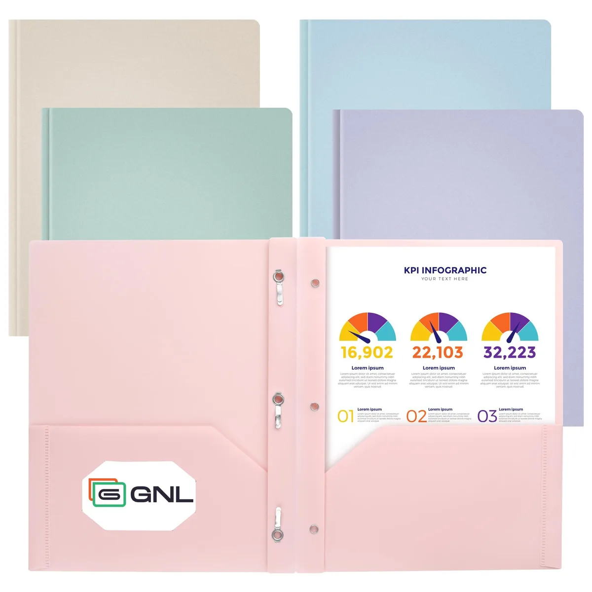Five pastel plastic folders with two pockets and three prongs
