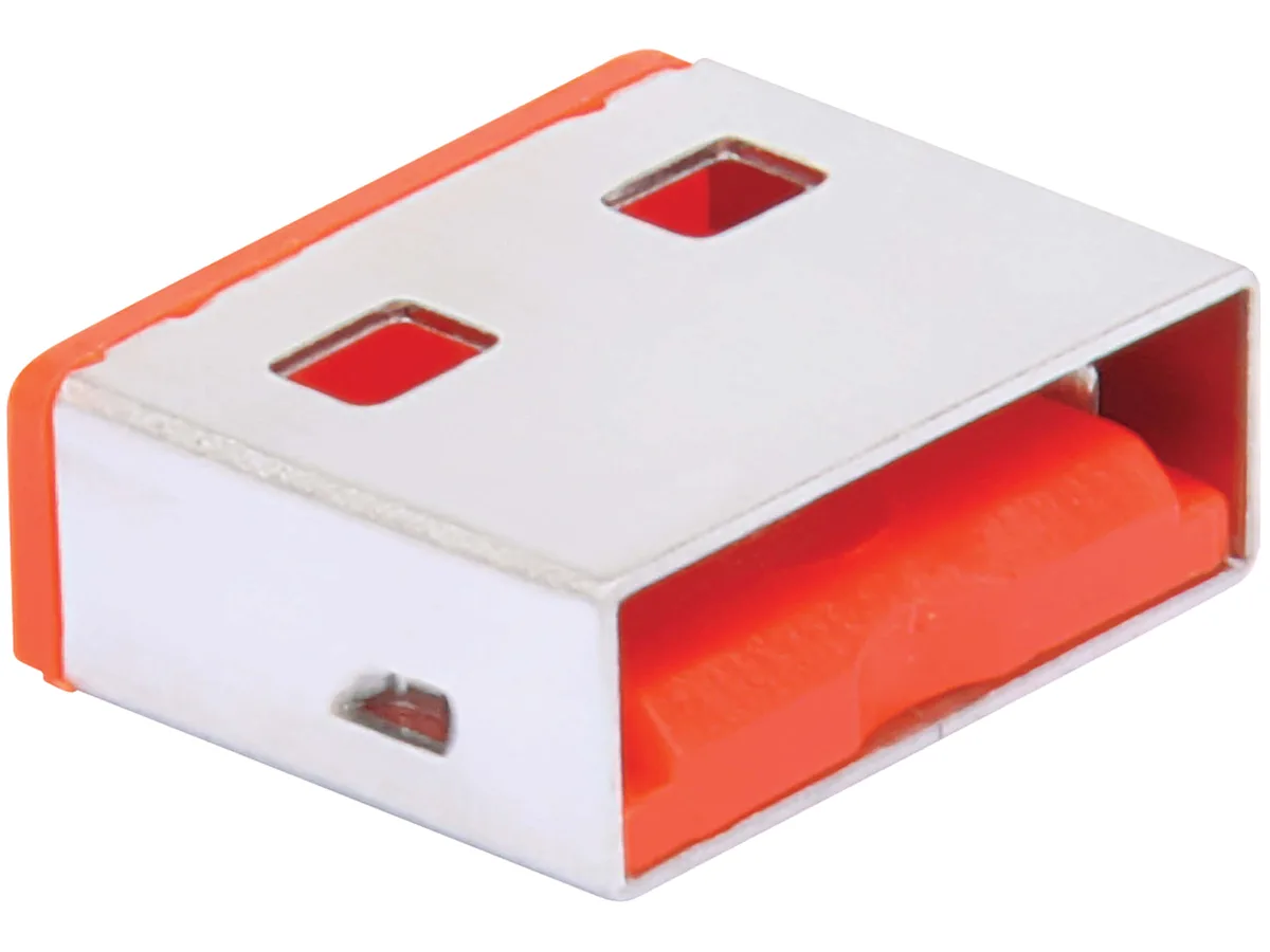 Ten small red rectangular USB-A port blockers with nickel-plated metal contacts and black plastic bodies