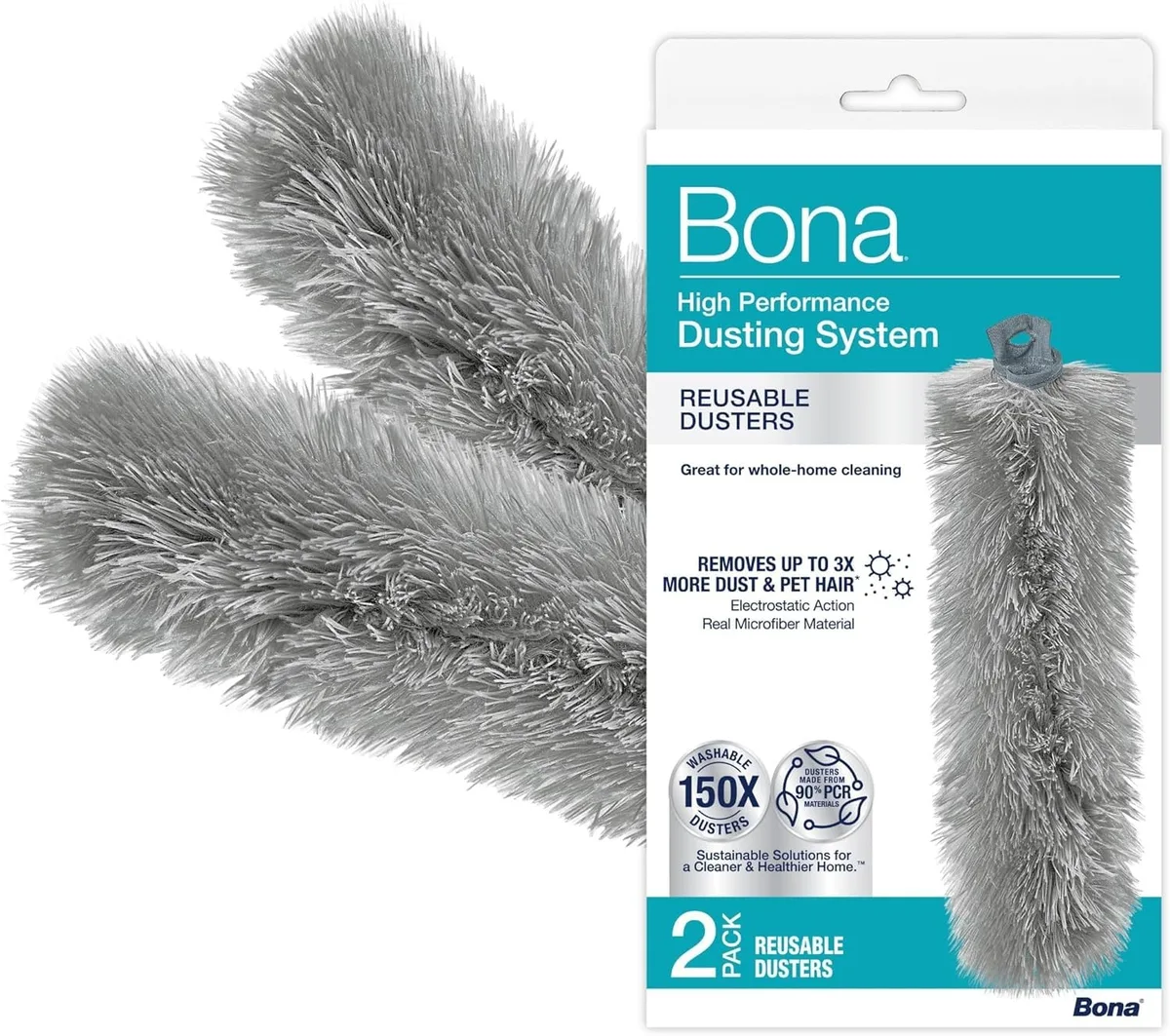 Two gray microfiber duster refill heads with 360-degree fingers, 2-pack