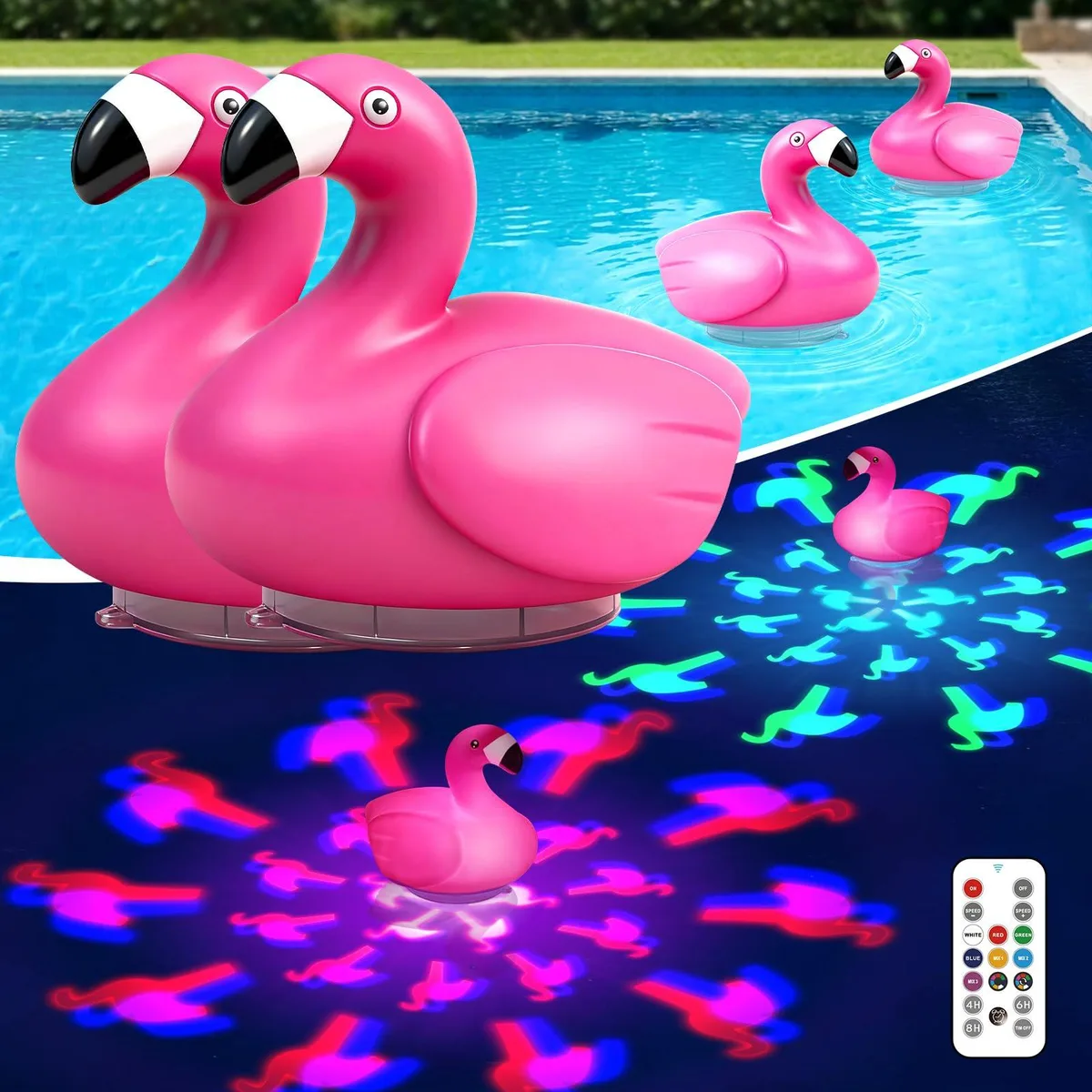 Two white flamingo-shaped floating pool lights, 6.9 inches tall, rechargeable, IP68 waterproof