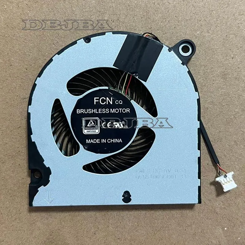 A black laptop CPU cooling fan with plastic housing and wire connector