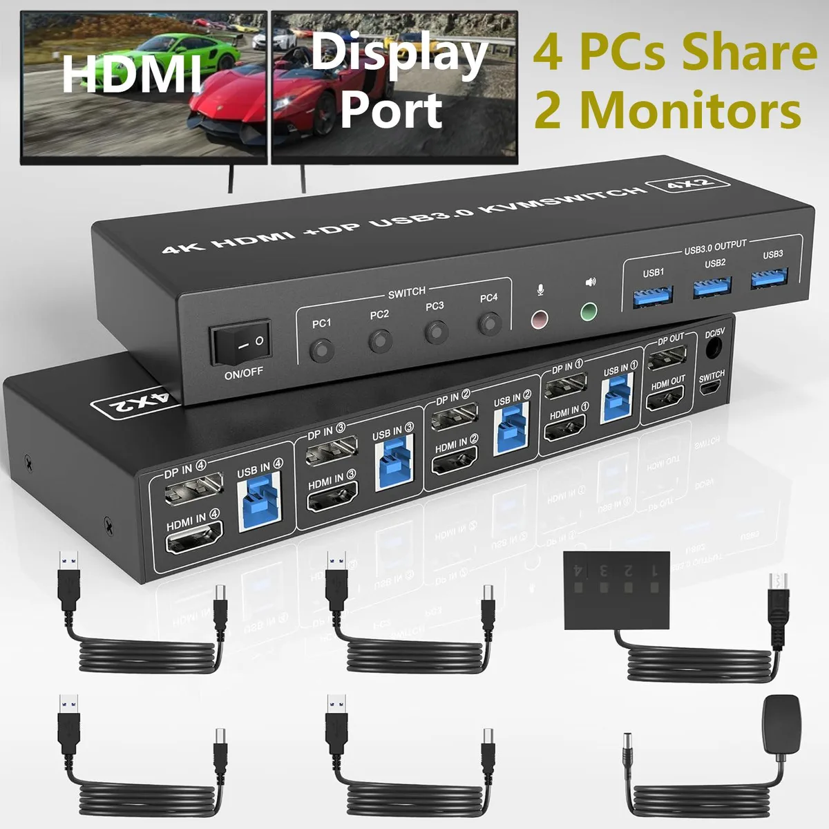 IHDAPP IHDAPP USB 3.0 HDMI + DisplayPort KVM Switch 2 Monitors 4 Computers 4K@60Hz — product photo