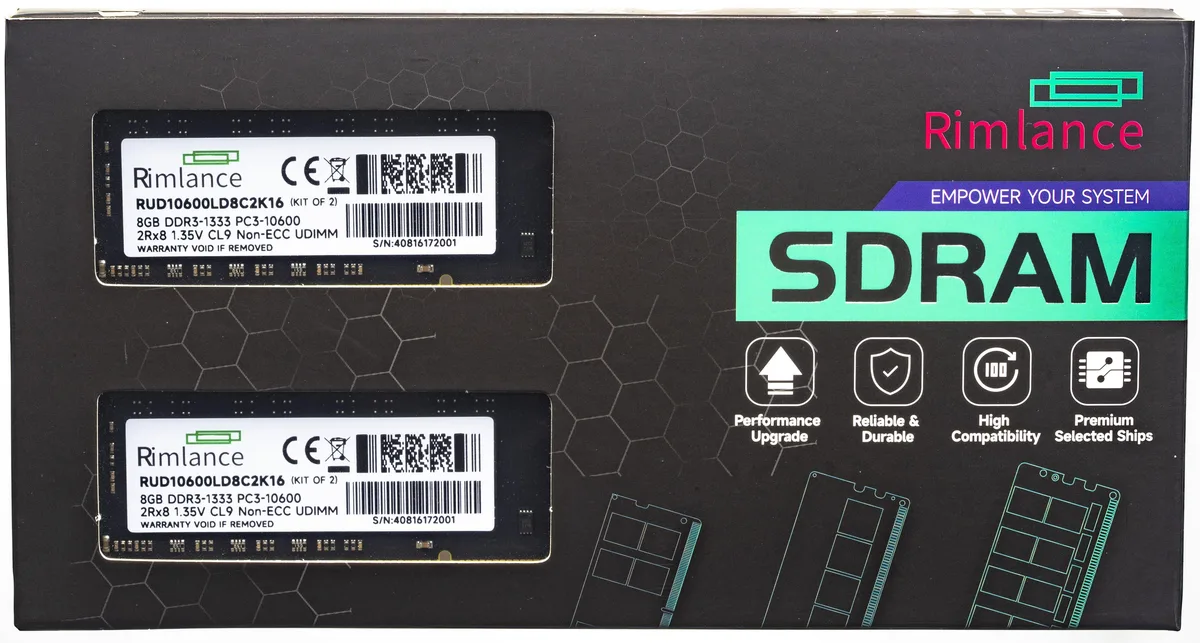 RIMLANCE RIMLANCE 16GB (2x8GB) DDR3 1333 PC3-10600 1.35V UDIMM 2RX8 desktop RAM — product photo