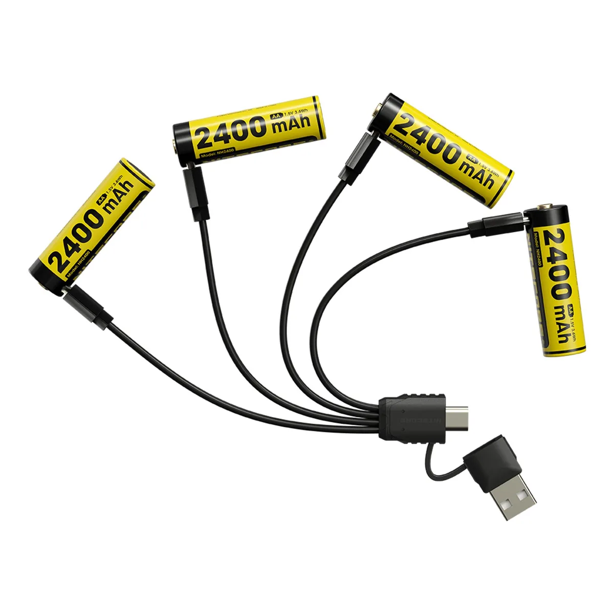 Nitecore Nitecore NH2400 2400mAh USB-C rechargeable AA batteries, 4-pack with cable and case — product photo
