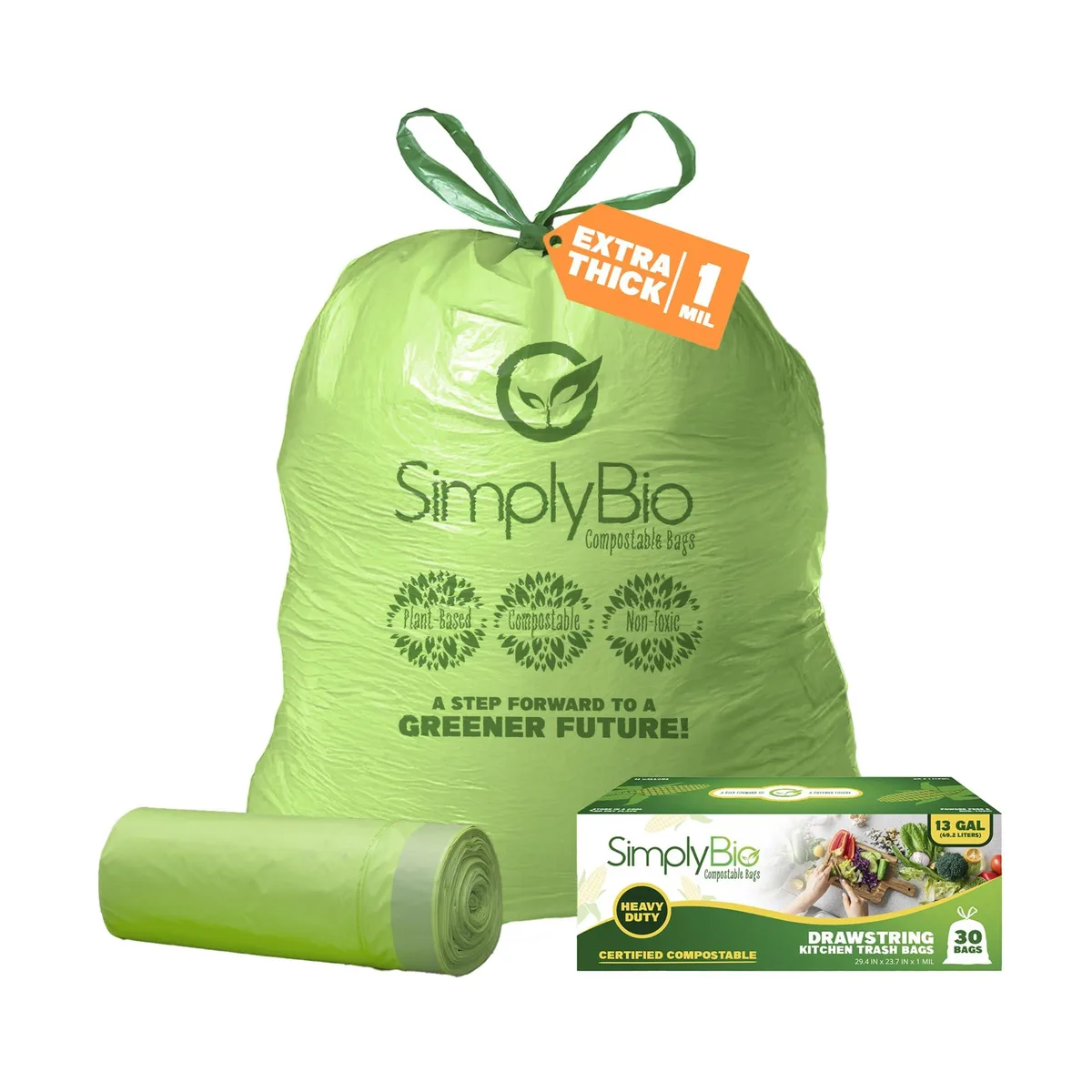 Green compostable drawstring bags roll 13 gallon 30 count 1 mil thick