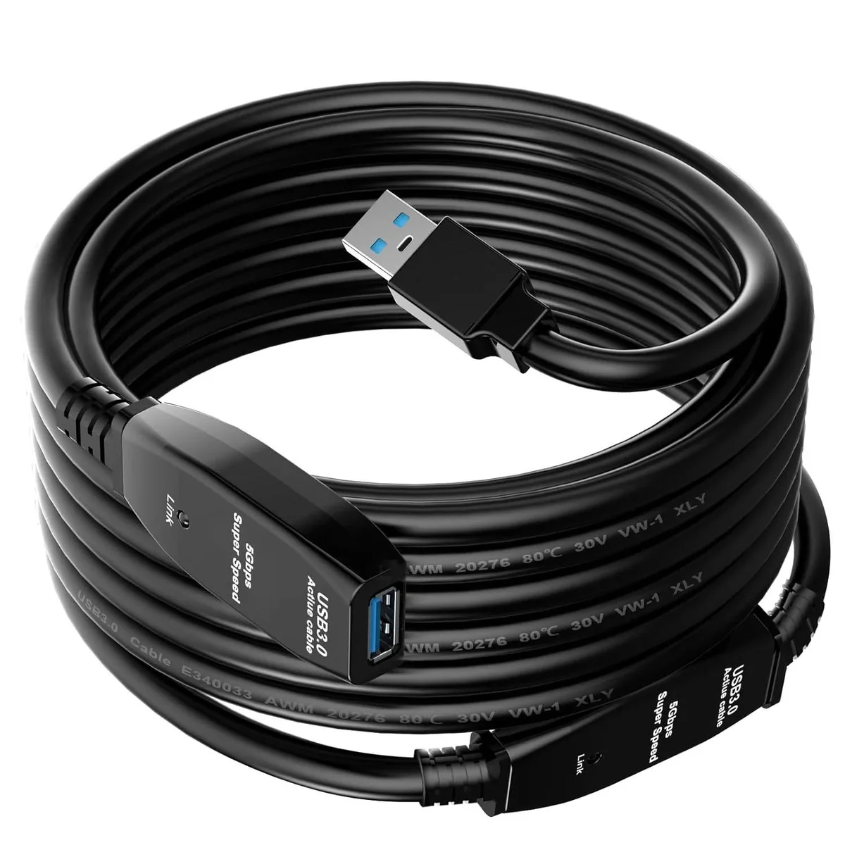 Black USB 3.0 active extension cable 33ft with signal booster chip and 5V power lead