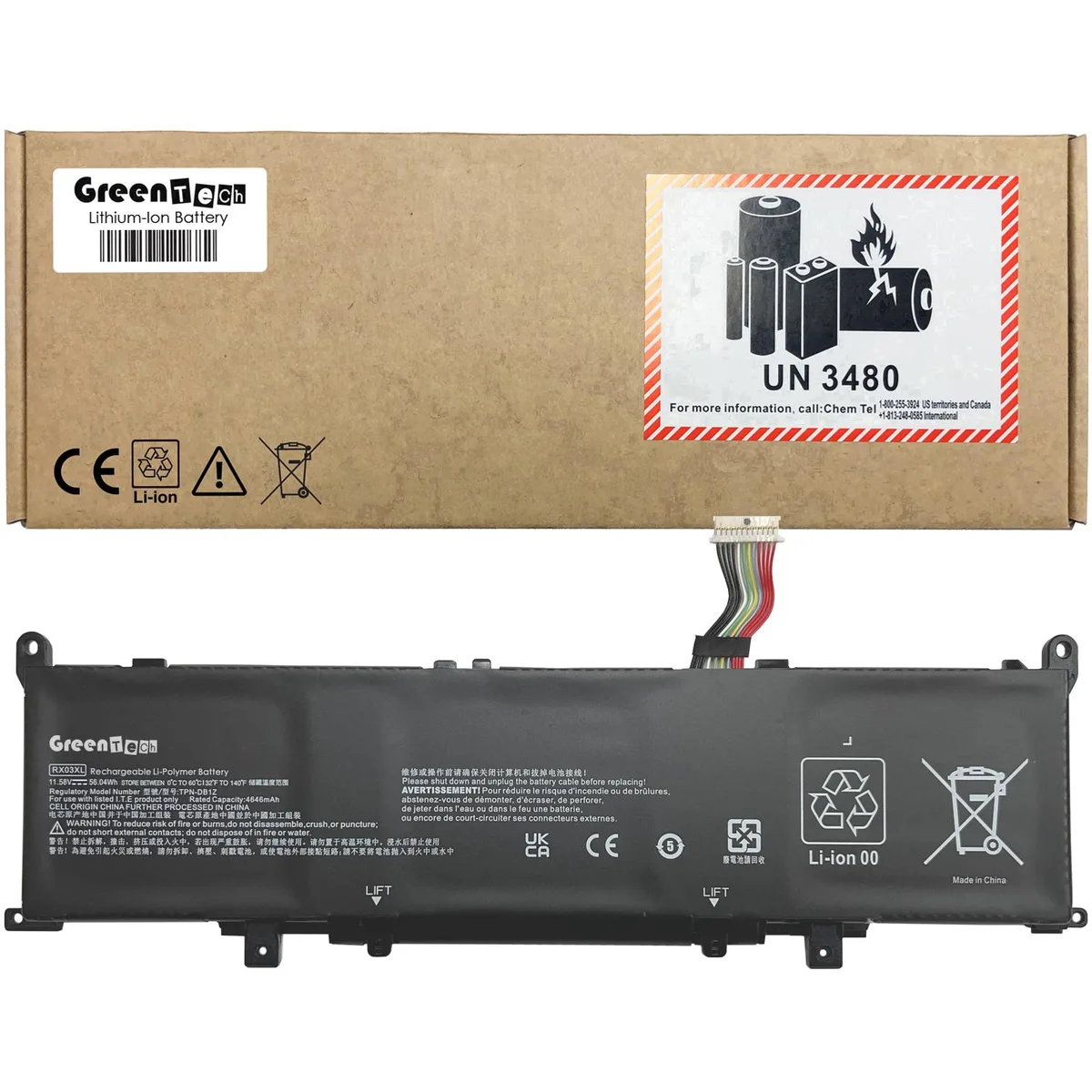GreenTechLLC GreenTechLLC RX03XL 56Wh 11.58V laptop battery for EliteBook 640 645 660 G11 ProBook 440 445 460 465 G11 — product photo