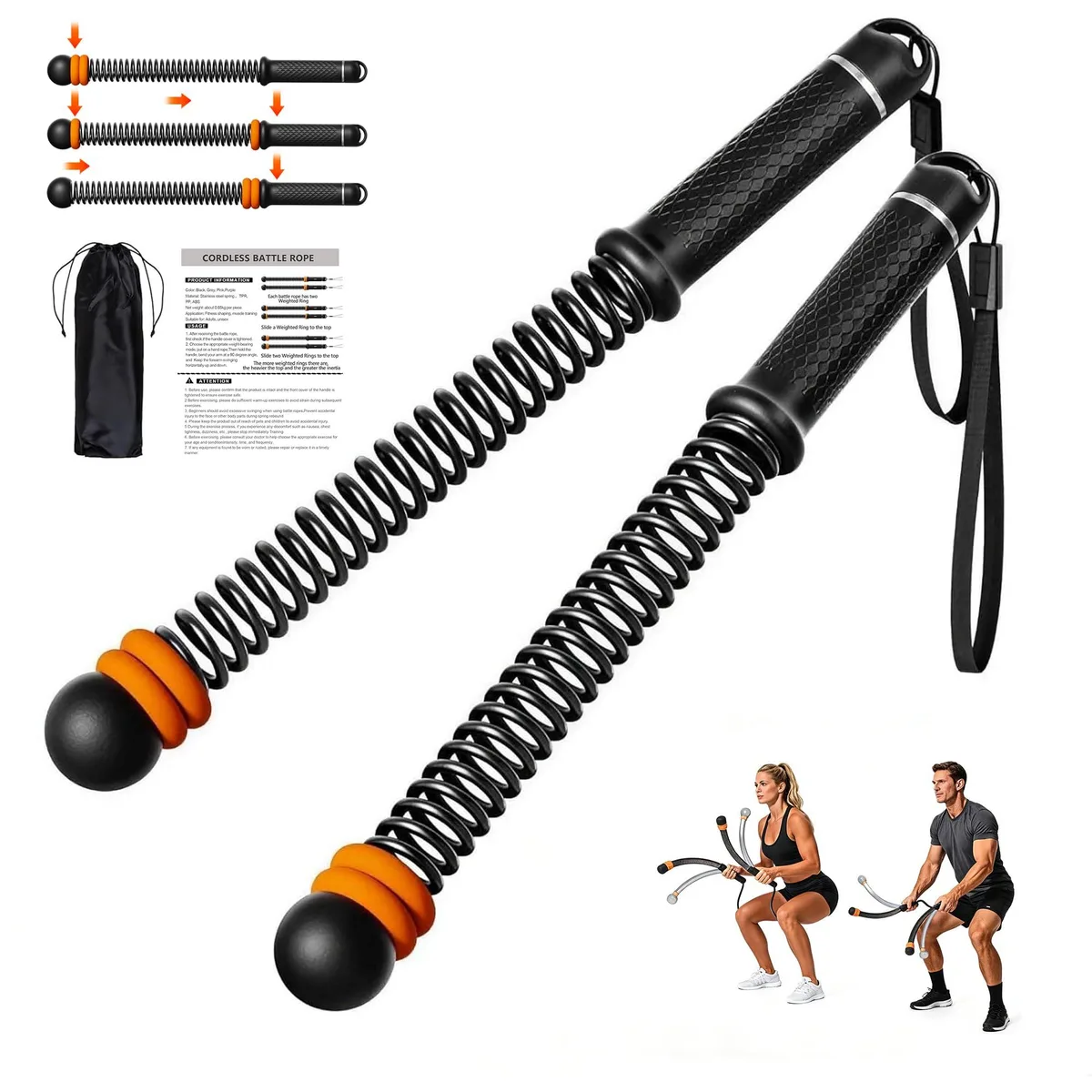 Black cordless battle rope with weighted rings and 2.0 inch screen