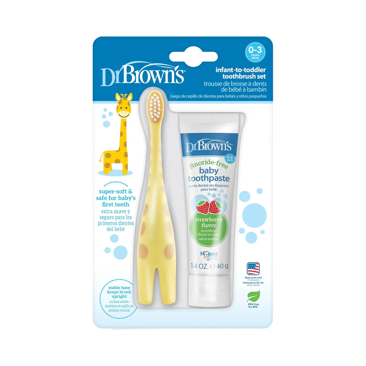 Red giraffe-shaped toothbrush with strawberry toothpaste tube, soft bristles and easy-grip handle