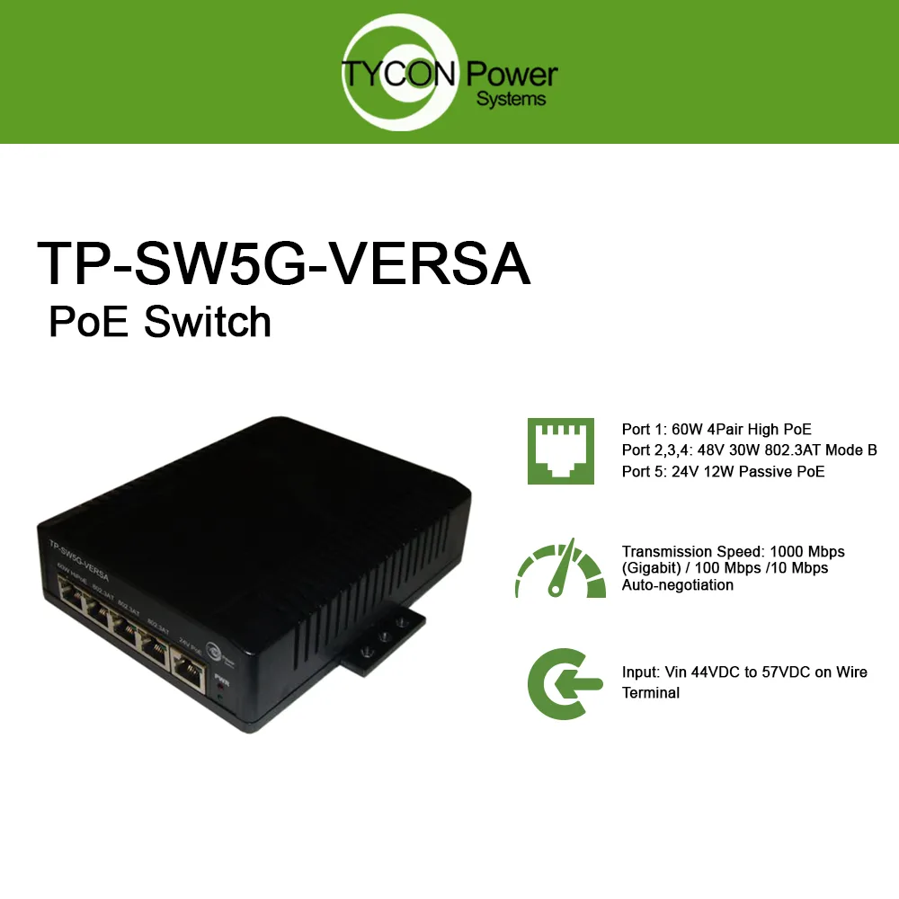 Tycon Power Tycon Power TP-SW5G-VERSA 5-port GigE PoE network switch — product photo