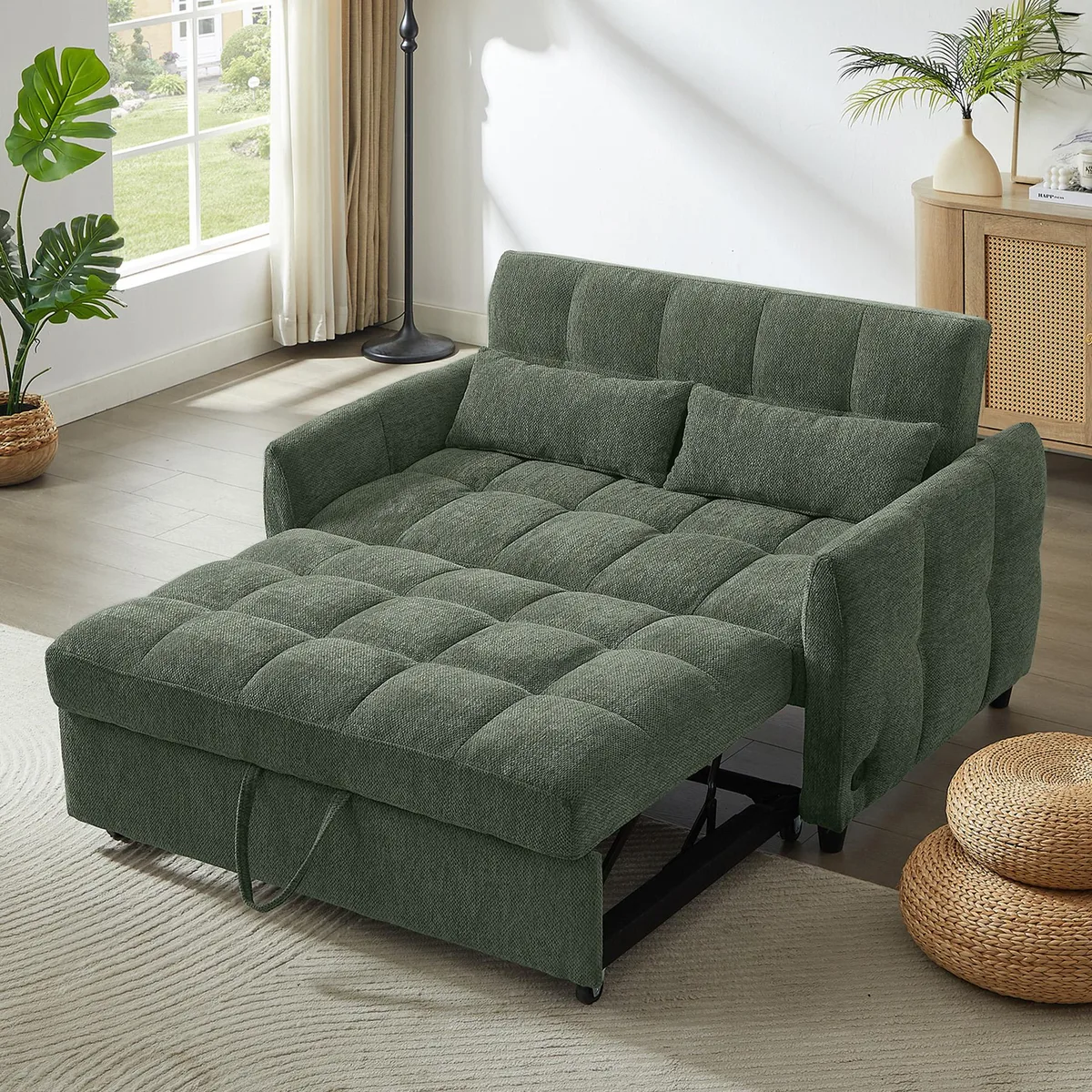 Green chenille loveseat sofa bed with tufted backrest, three USB ports and two lumbar pillows