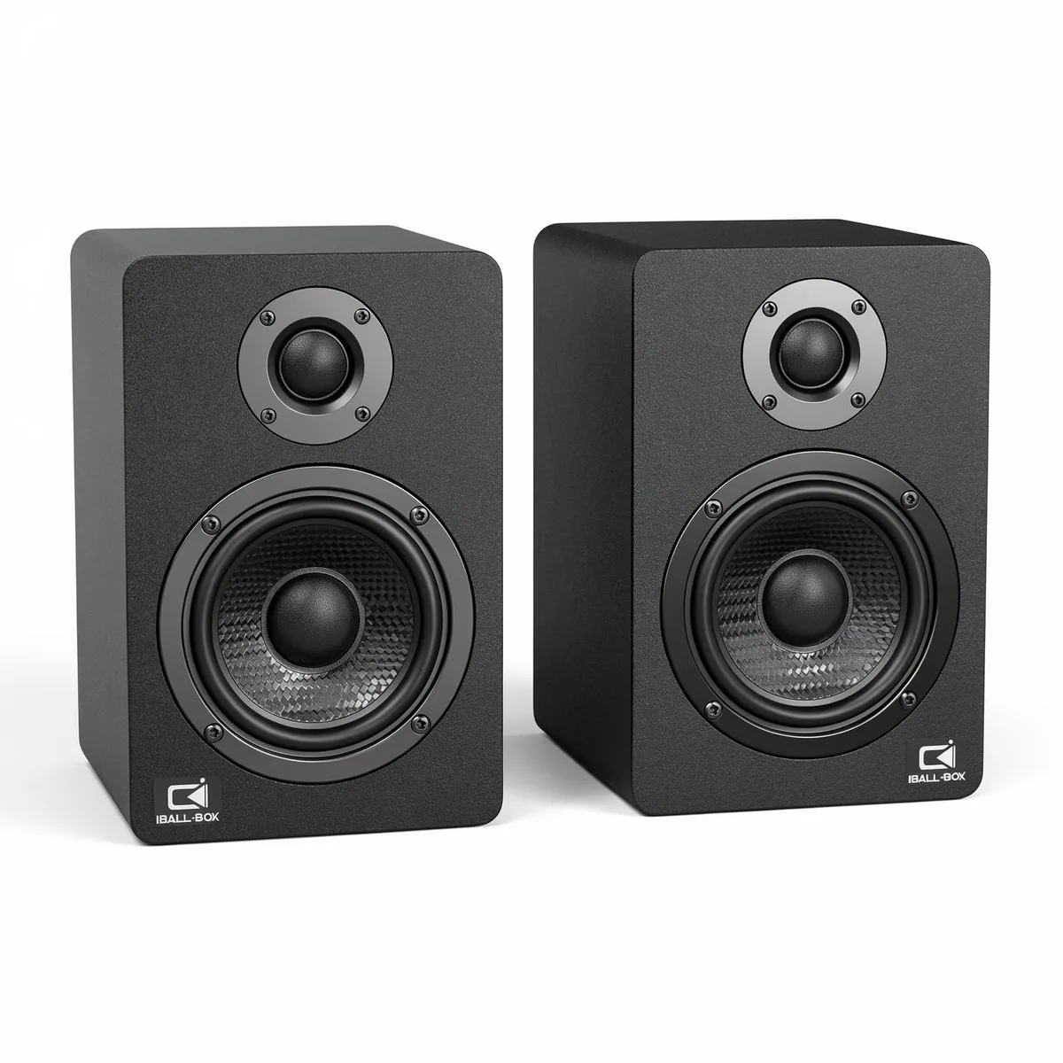 Pair of black bookshelf speakers with front volume, bass and treble knobs