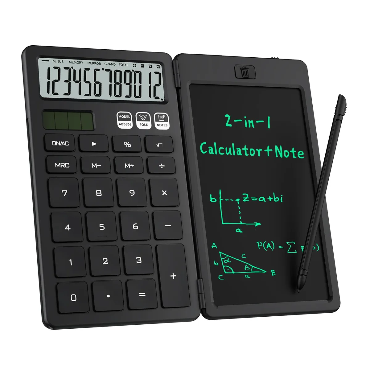 Black desktop calculator with integrated LCD notepad and stylus, angled display, large buttons, solar panel and coin battery power