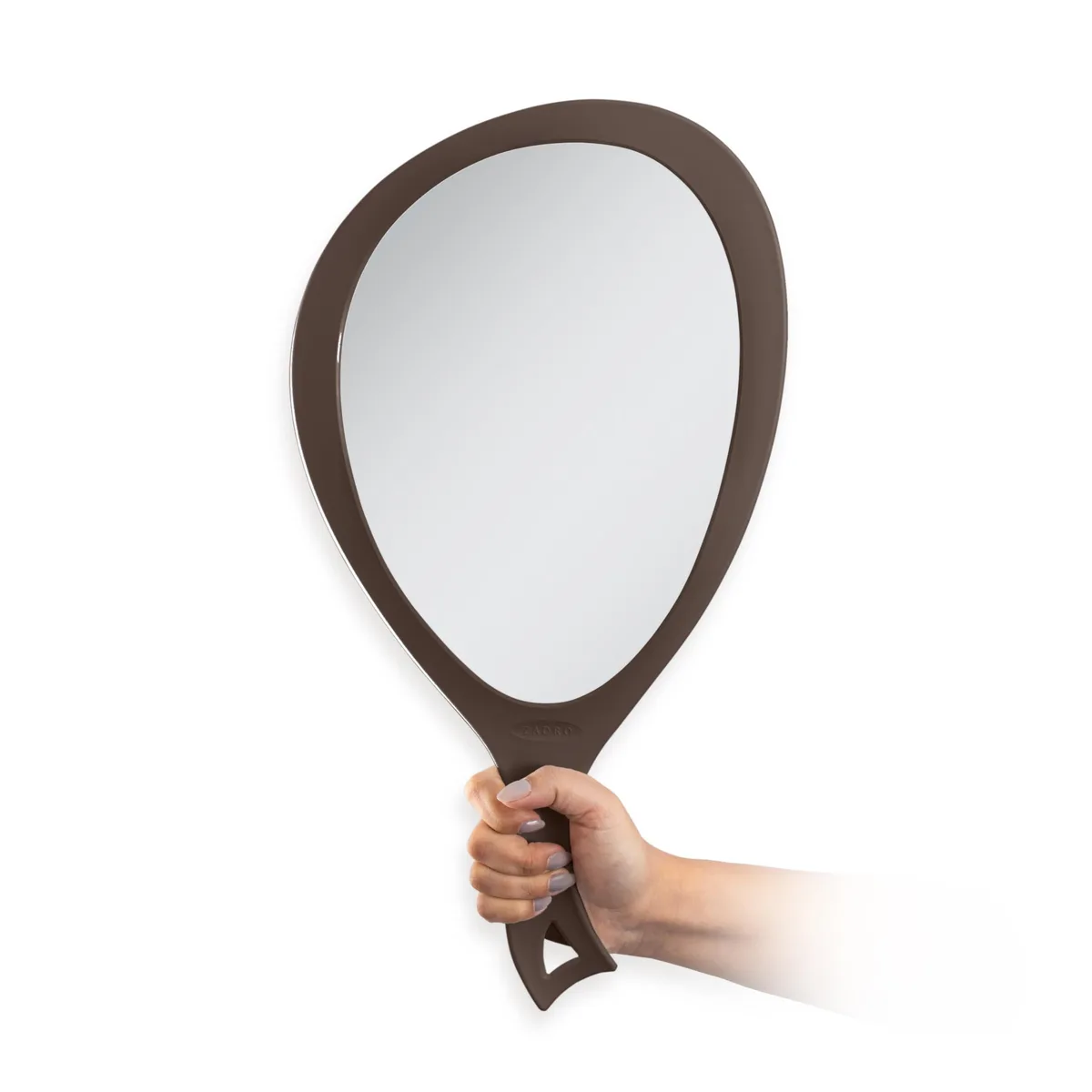 Large chocolate plastic oval hand mirror with long handle