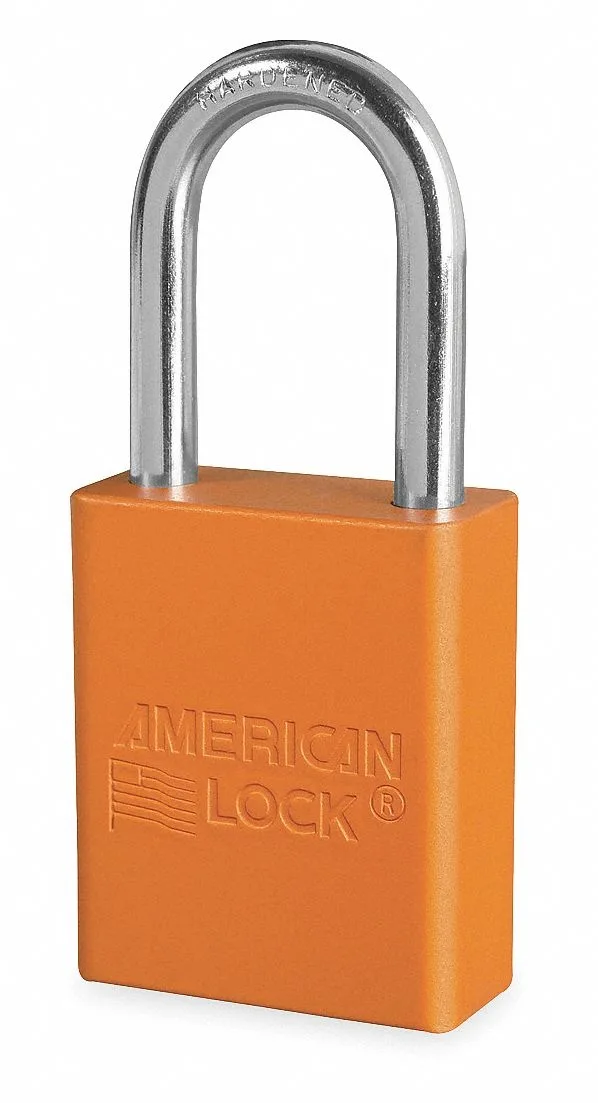 Orange anodized aluminum safety padlock with boron alloy shackle