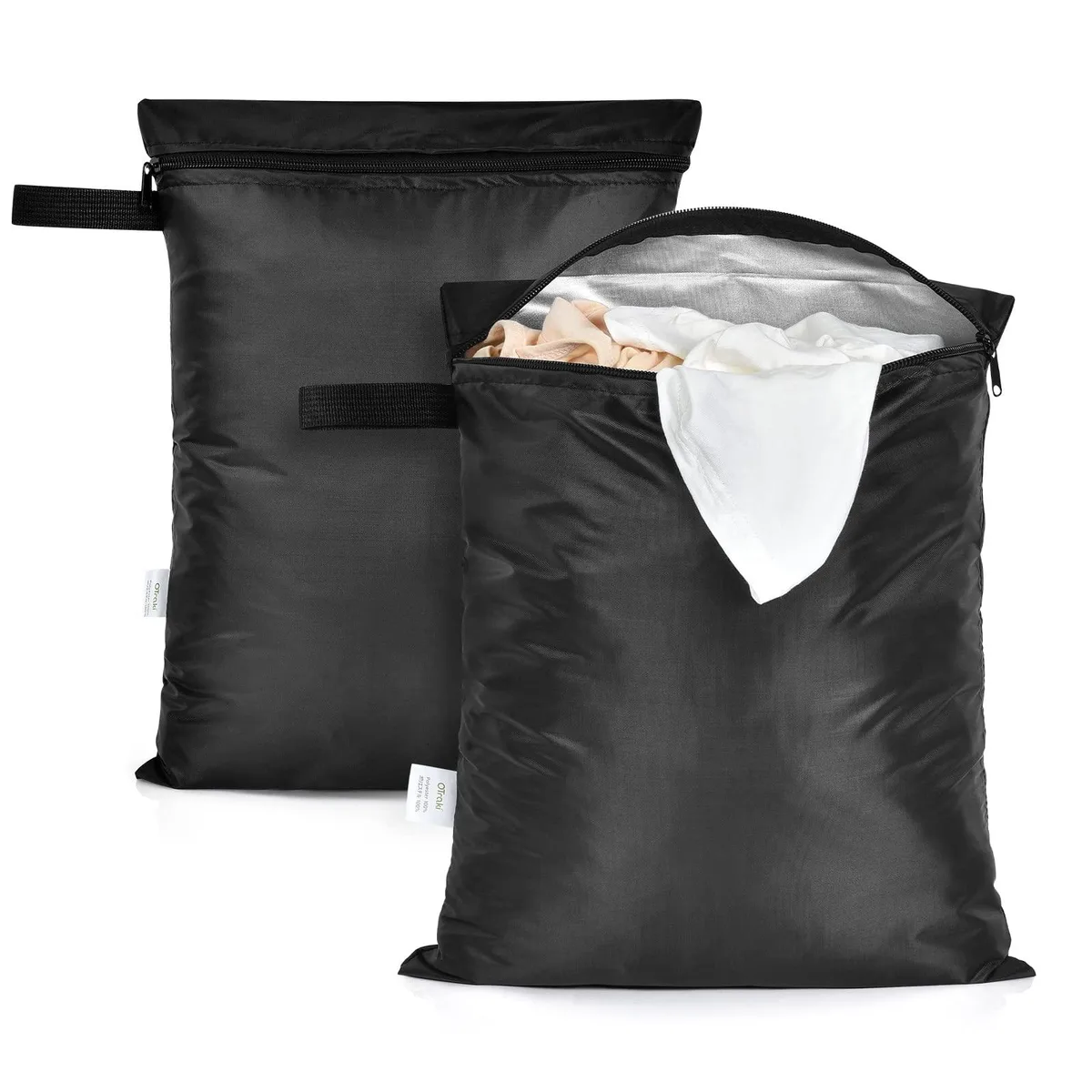 Two black rectangular waterproof bags with zippers and handles, 12 by 16 inches each