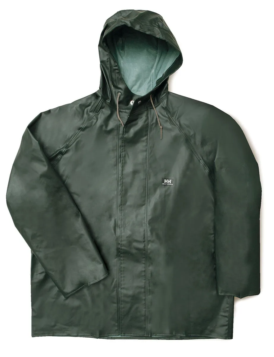 Green PVC rain jacket with attached hood, hip length, hook-and-loop front closure, two outside pockets, cotton lining