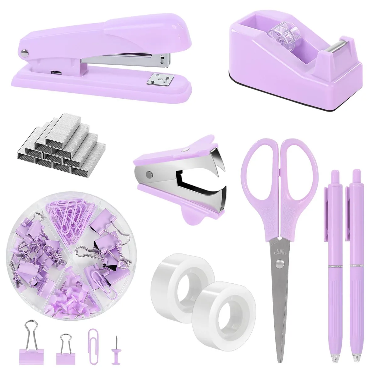 Purple office supplies set with stapler tape dispenser scissors clips and staples