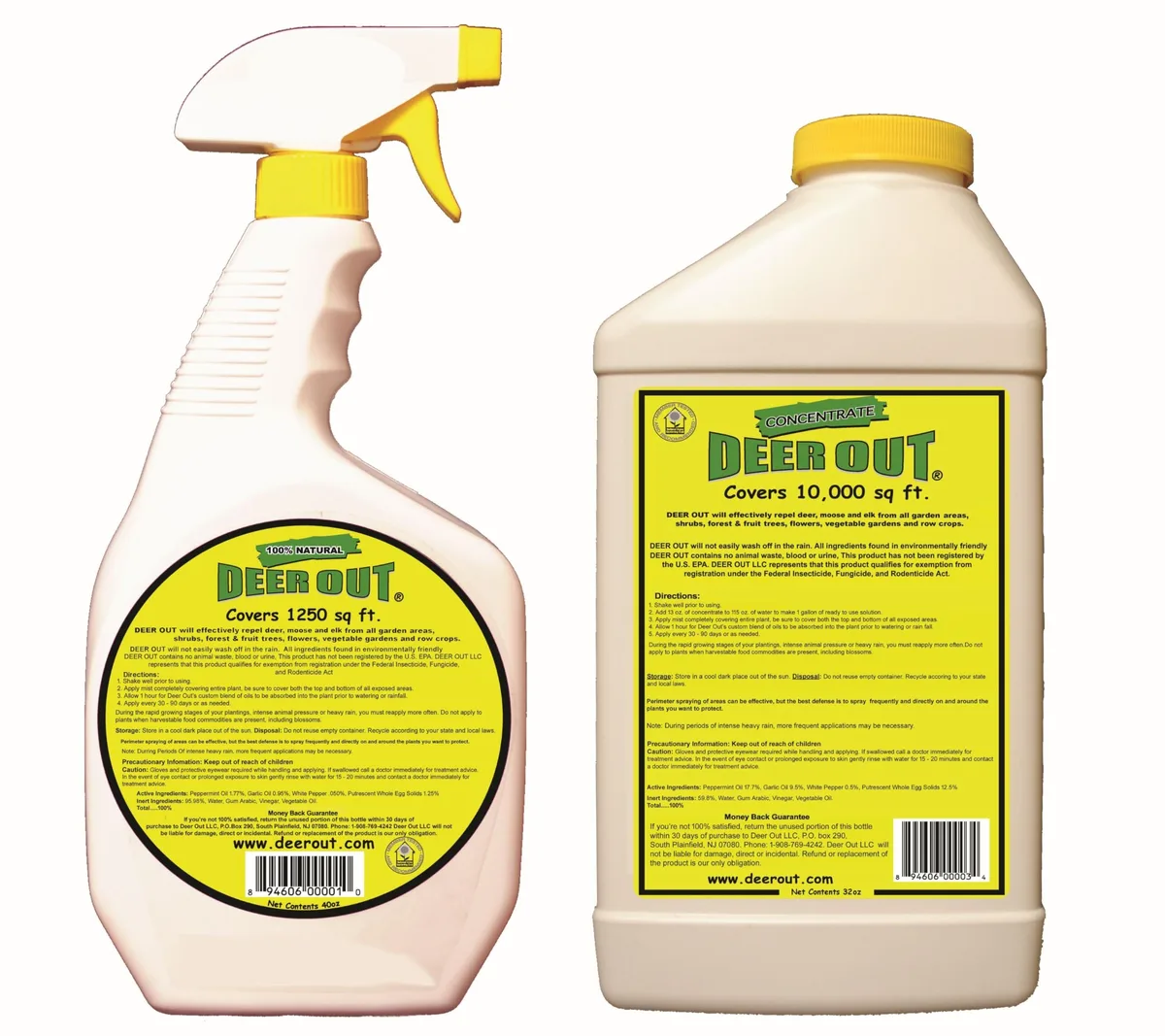 A 40oz spray bottle and a 32oz concentrate bottle of deer repellent