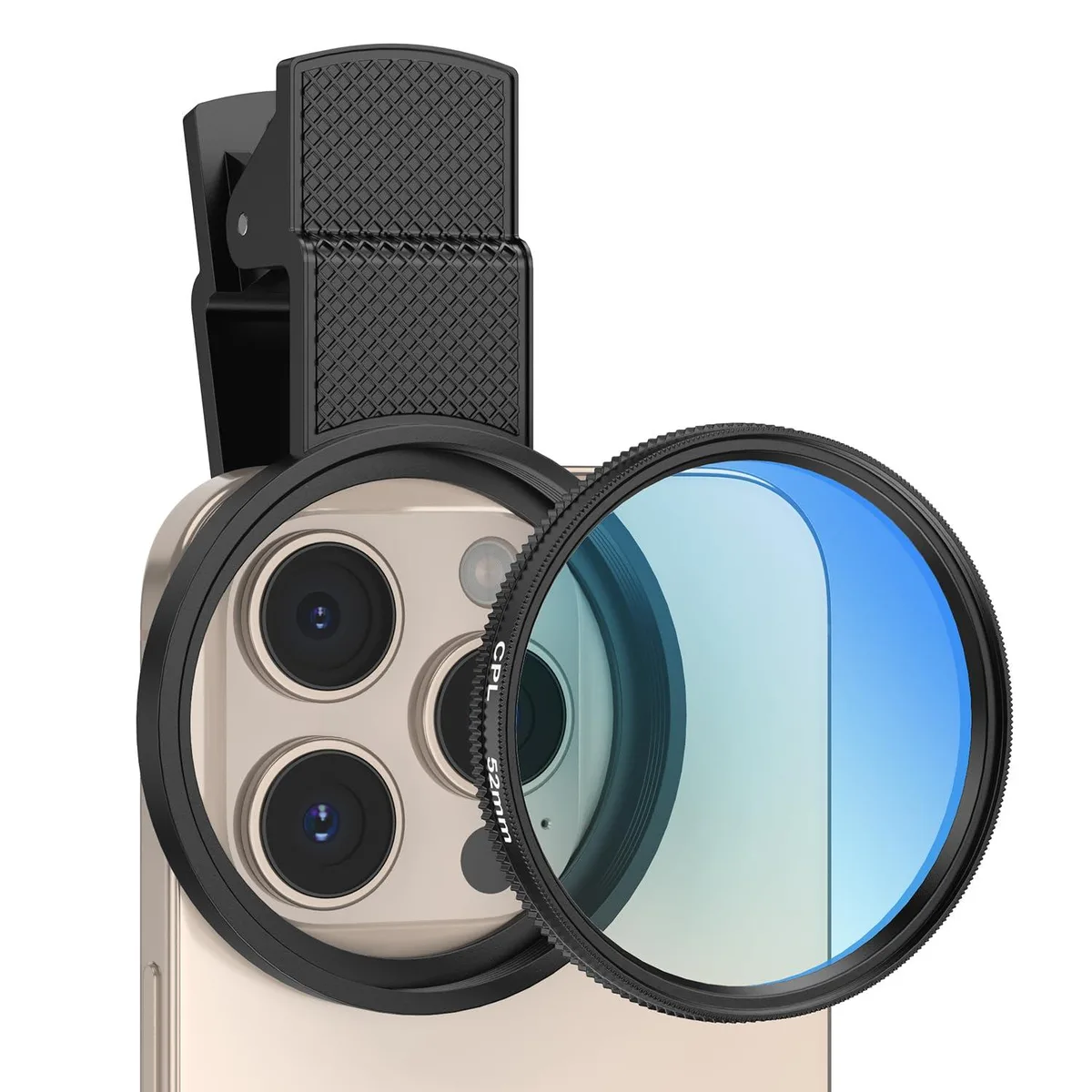 A 52mm circular polarising filter clipped onto a smartphone lens, silver metal ring with dark glass