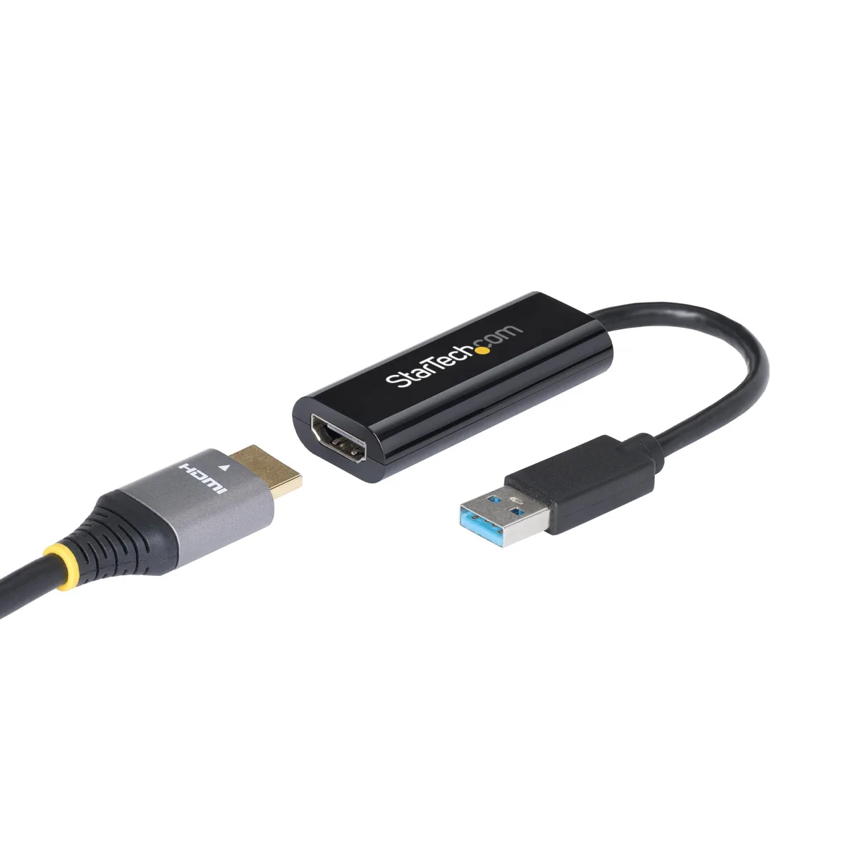 Black rectangular USB-A to HDMI adapter with short cable