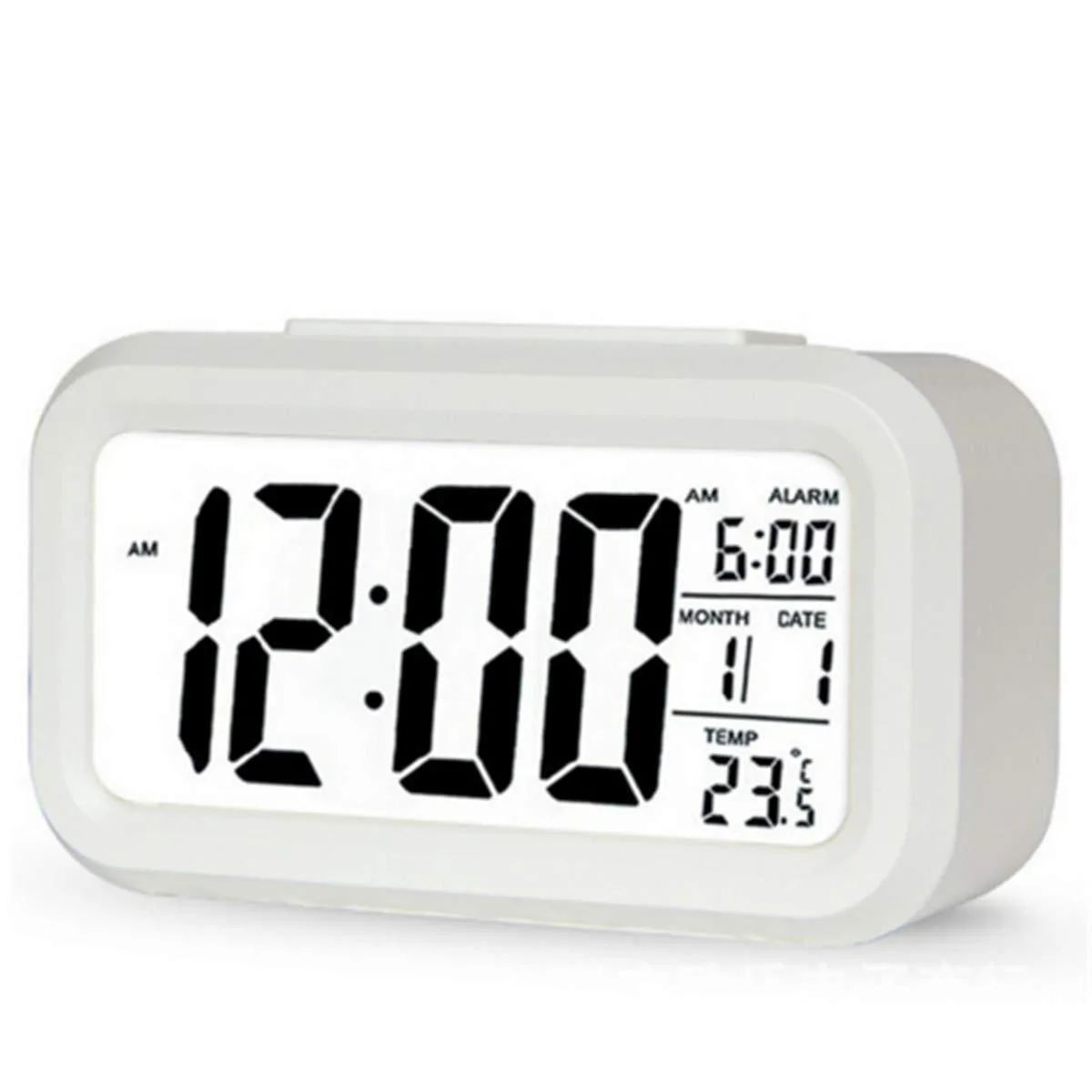 White rectangular digital alarm clock with LCD display, 135x75x45mm