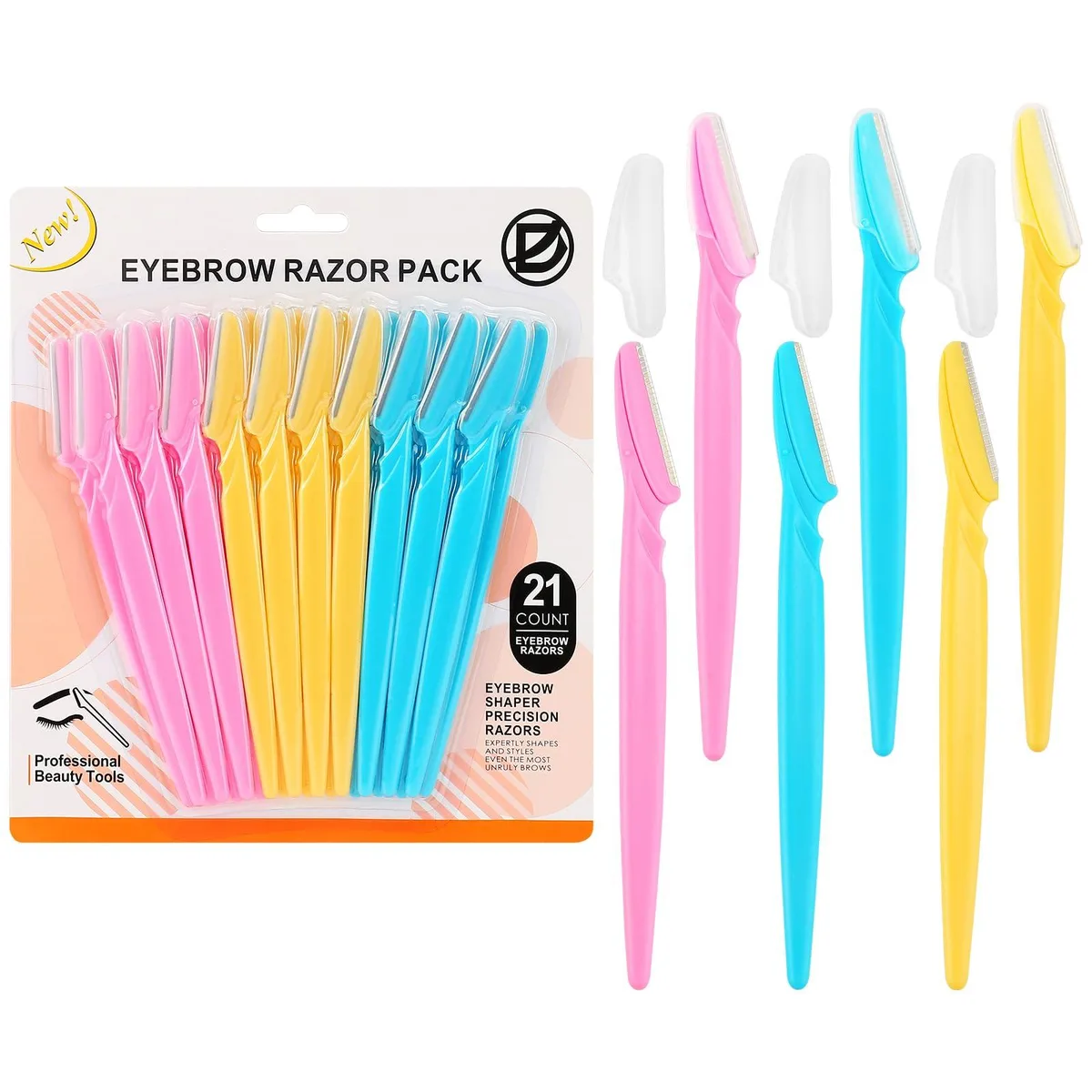 Twenty-one eyebrow razors in red yellow blue with safety caps and plastic handles