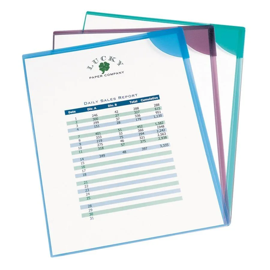Six translucent poly document sleeves in assorted colours with clear front covers and corner-lock closure