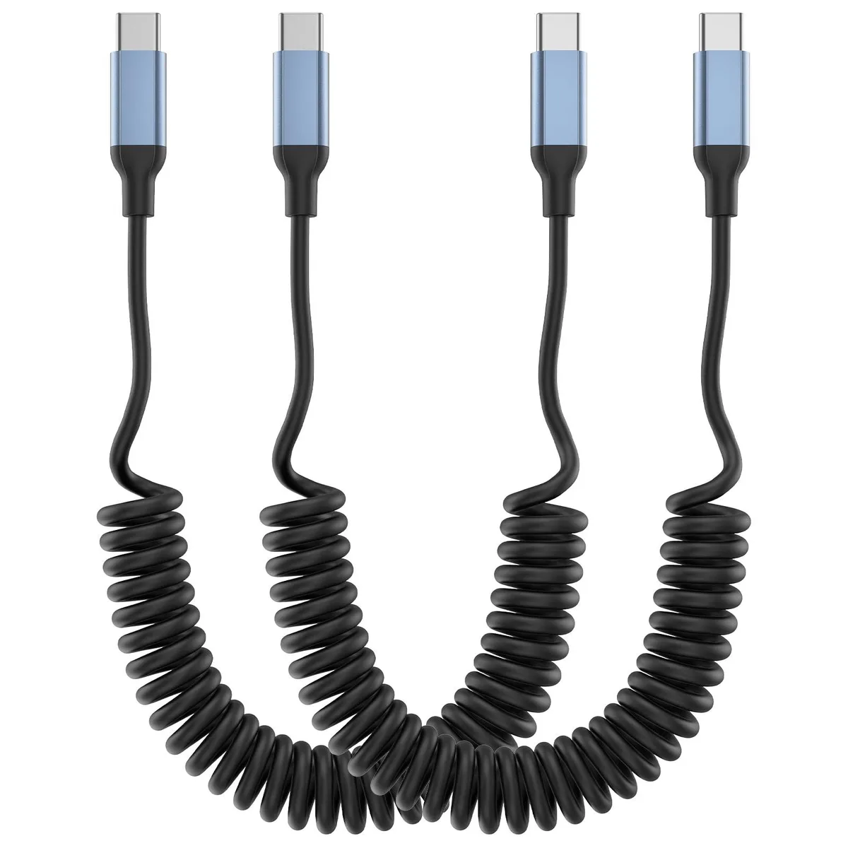Two black coiled USB-C cables, spring-shaped, each about 12 inches relaxed