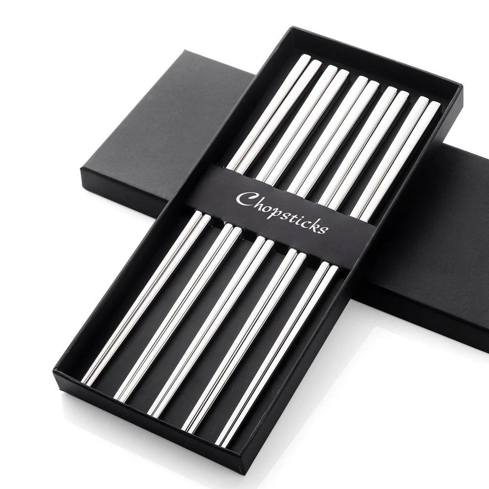 Five pairs of silver stainless steel square chopsticks with floral handles, 9.5 inches long