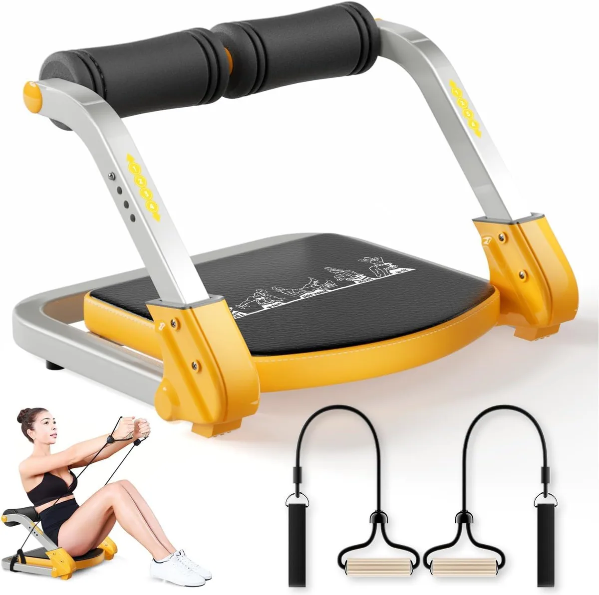 Steel-frame abdominal trainer with padded handles and adjustable resistance springs