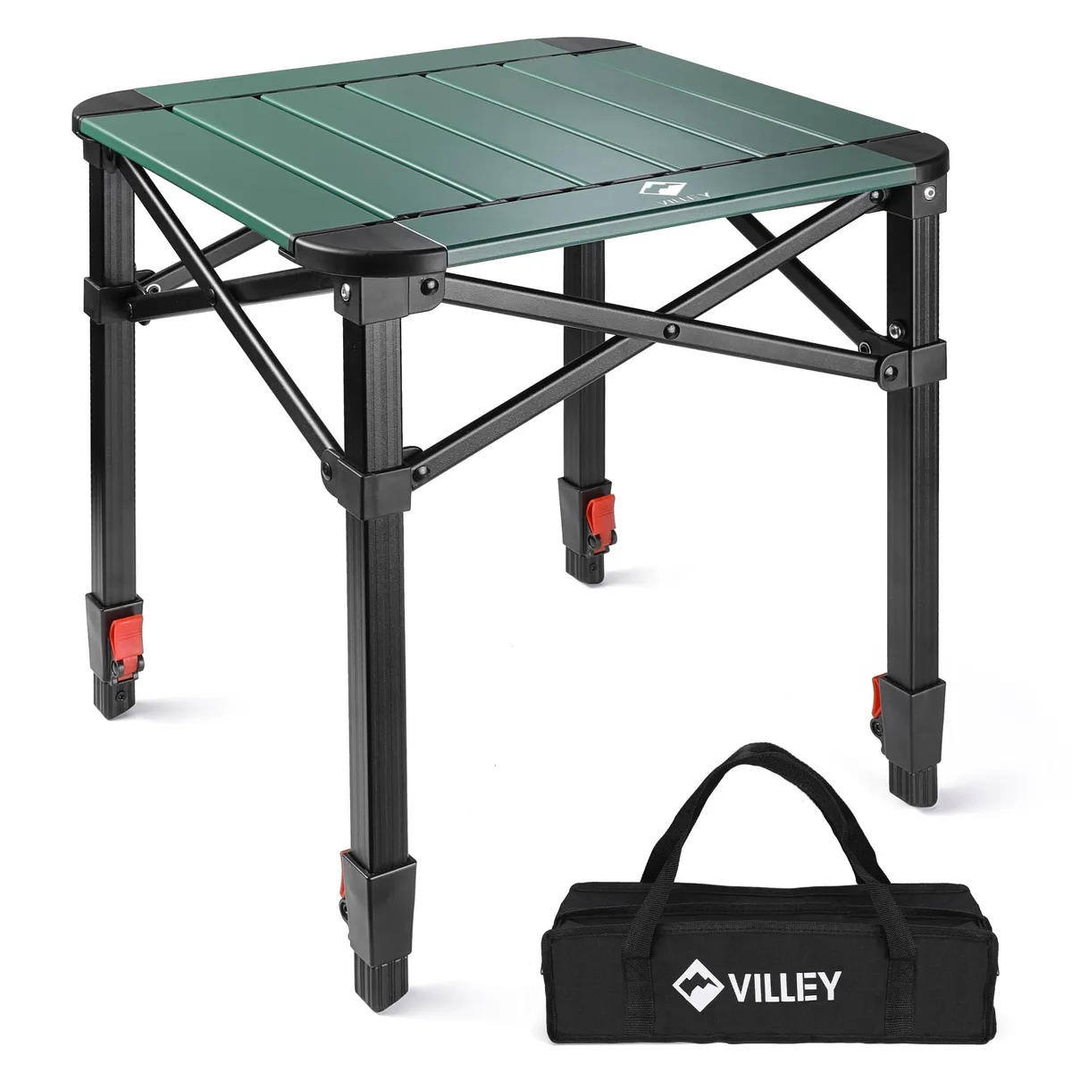 Black folding aluminium table with roll-up top and adjustable legs in carry bag
