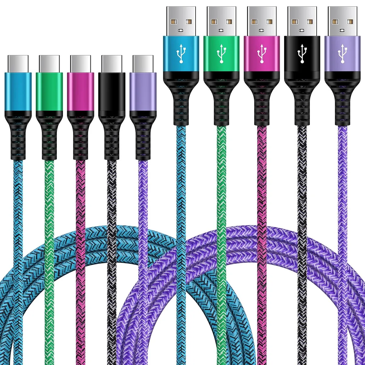 Five 6 ft USB-C cables with braided nylon finish