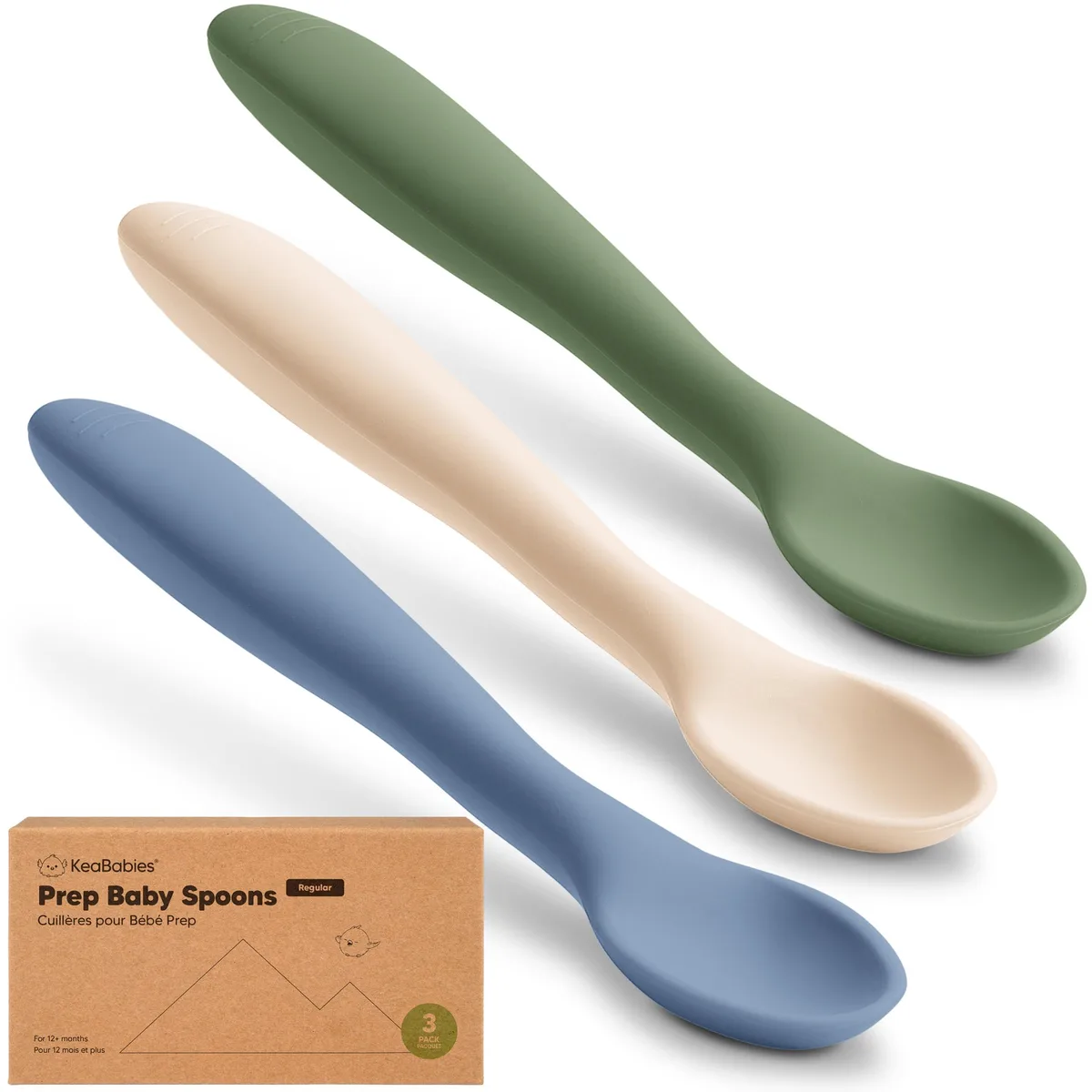 Three slate silicone baby spoons with bendable handles and deep scoops