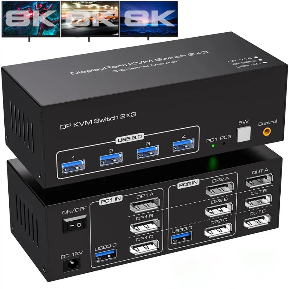 AUTYUE AUTYUE 8K@60Hz DP 1.4 Triple Monitor KVM Switch 2 PCs 3 Monitors 4 USB 3.0 Ports — product photo