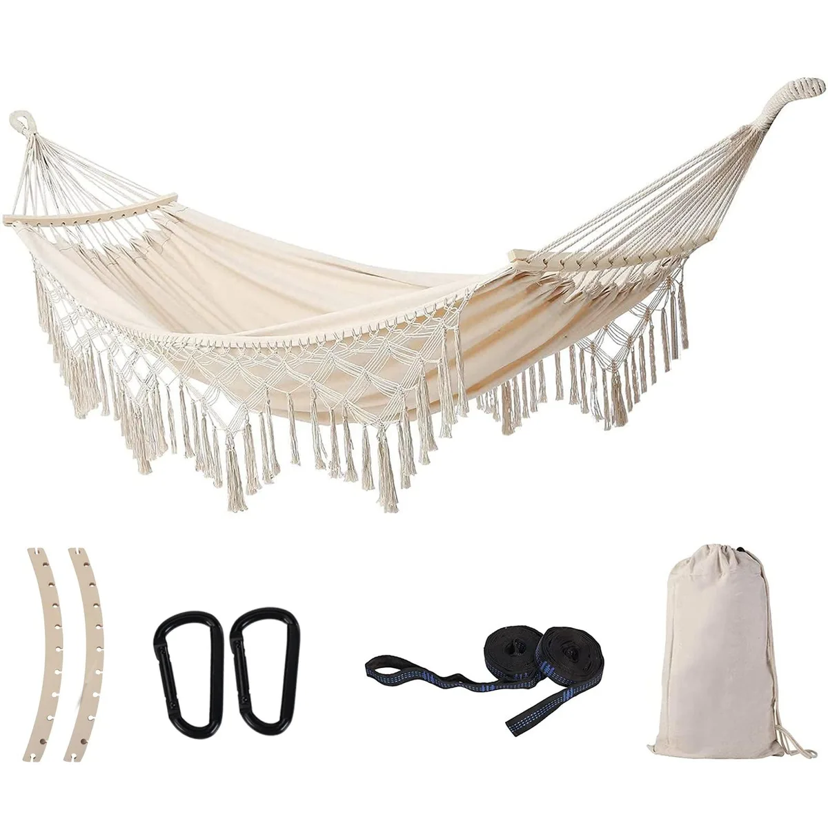 Black and gray macrame double hammock with wooden spreader bars and carabiners, 125 inches long